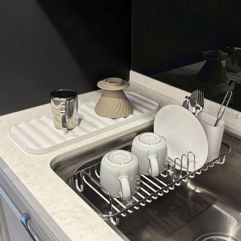 SunnyPoint angled rack installed over sink, saving countertop space and draining water