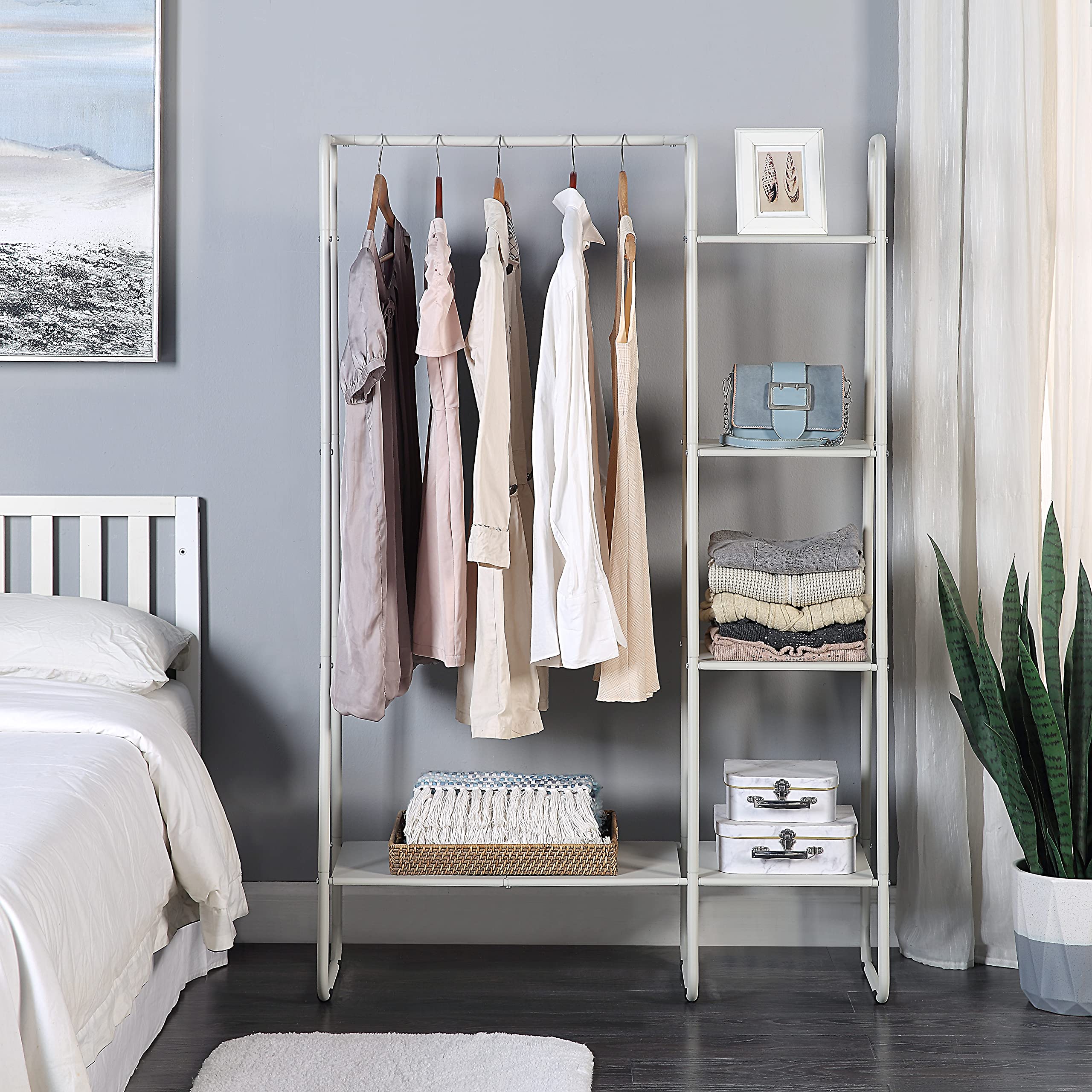 SunnyPoint close-up of four-tier shelves displaying folded items and storage baskets