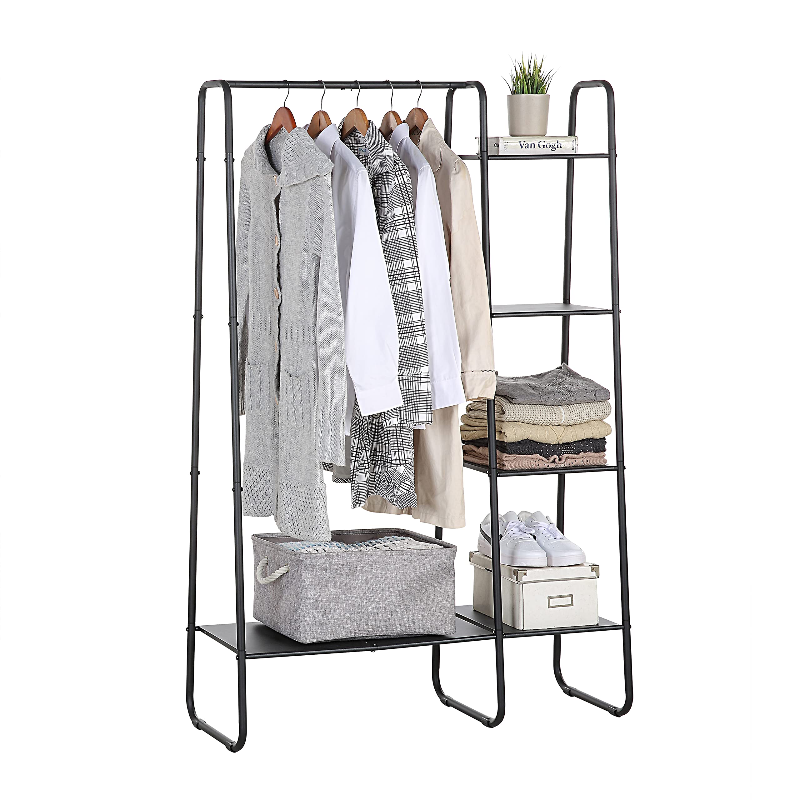 SunnyPoint front view of fully assembled rack showing organized clothes benefit: easy visibility