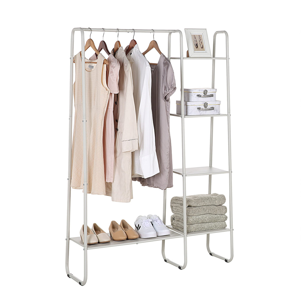 SunnyPoint front view of freestanding open closet showing organized clothing and shelves