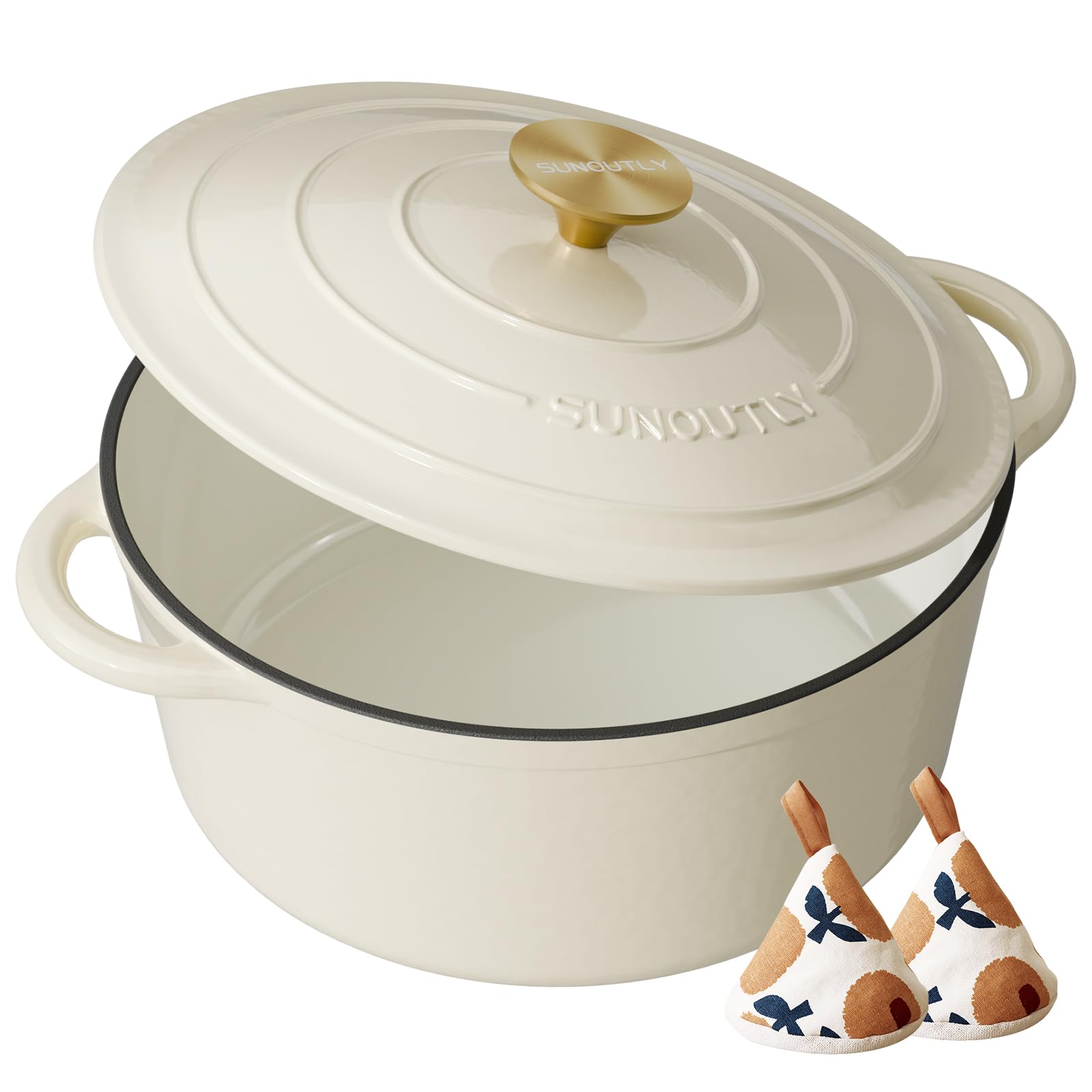 SUNOUTLY front view of cream Dutch oven showing shape and finish, durable performance