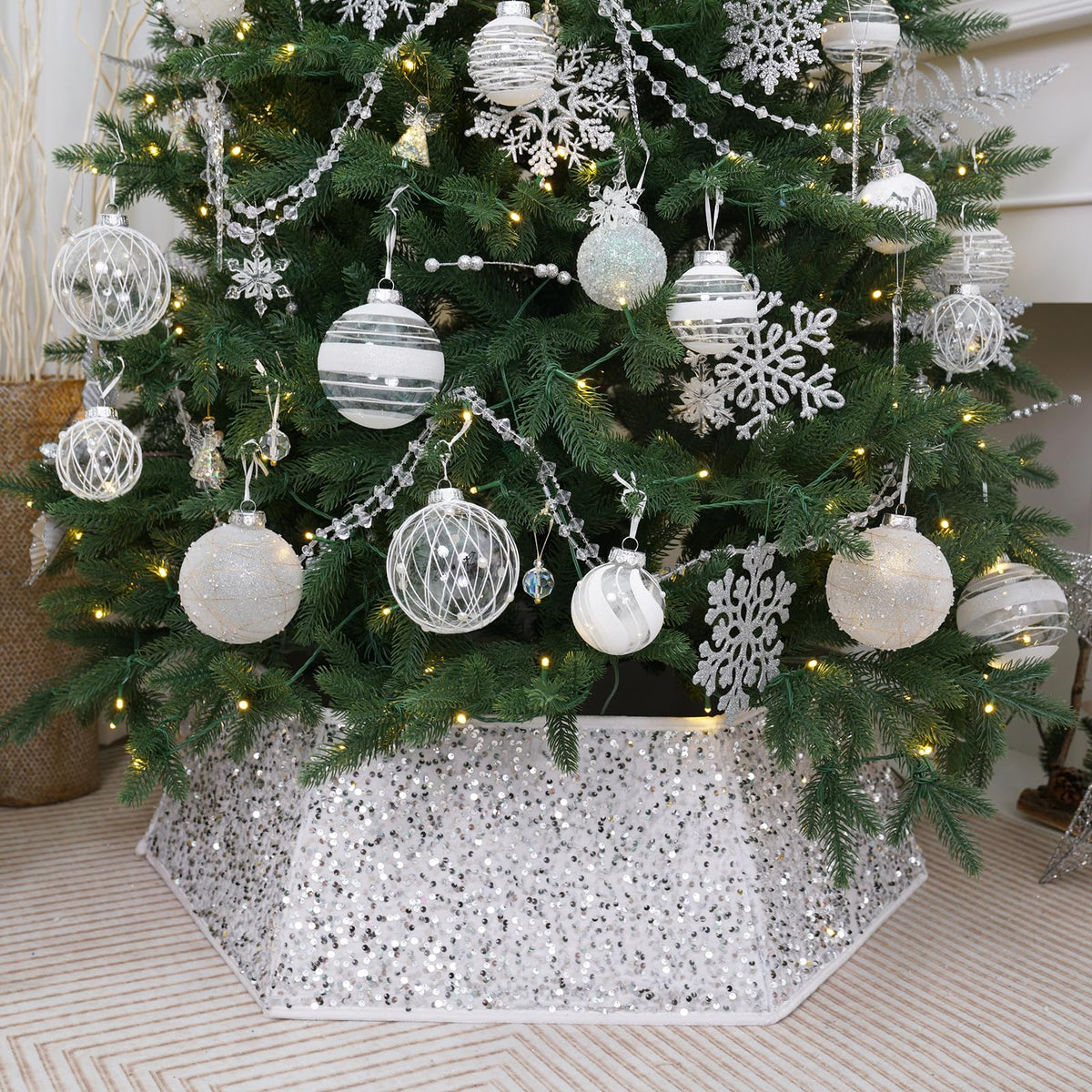 SUNSHINE DECOR front view showing white sequin collar hiding tree stand, elegant finish