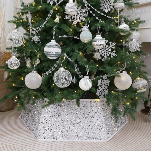 SUNSHINE DECOR front view showing white sequin collar hiding tree stand, elegant finish