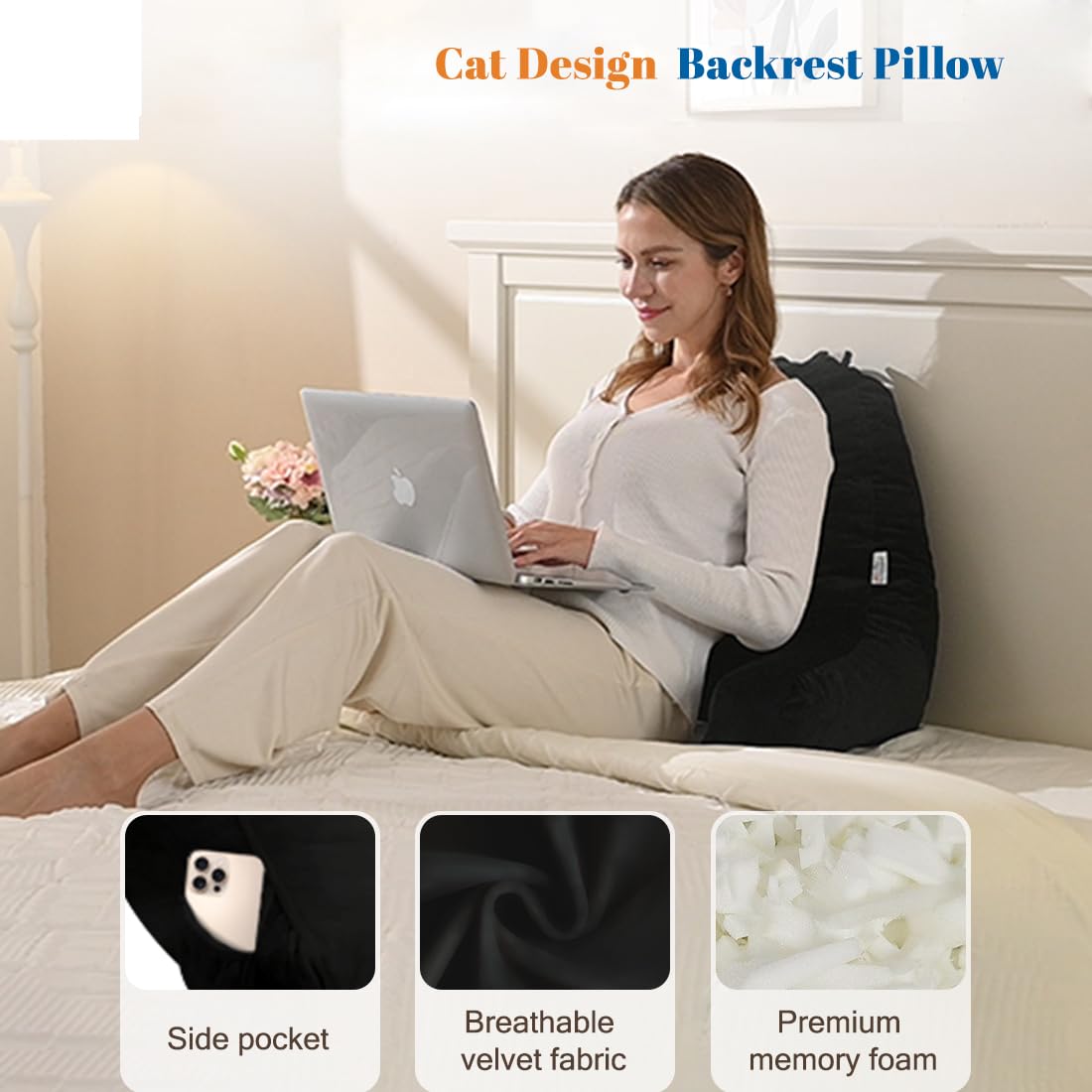 SUNSIDE cat pillow side pockets holding remote and glasses