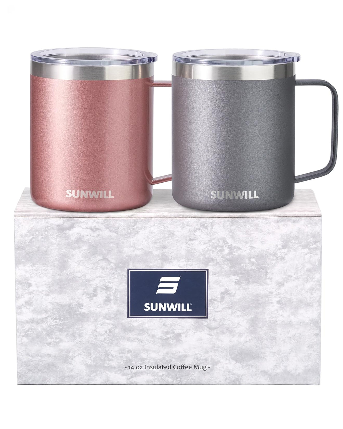 SUNWILL front view of cool grey and rose gold mugs, coordinated gift-ready set