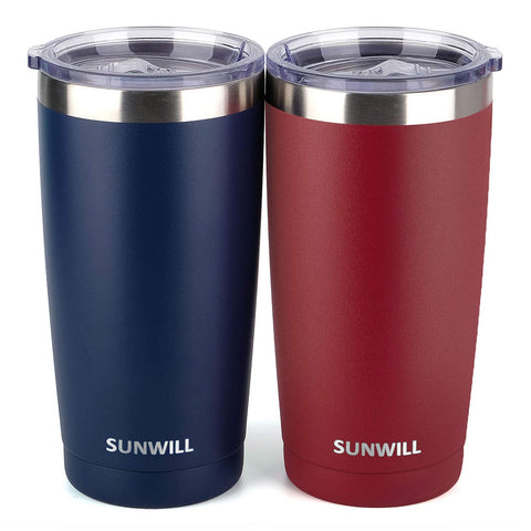 SUNWILL front view of both wine and navy tumblers showing lid and shape, durable everyday use