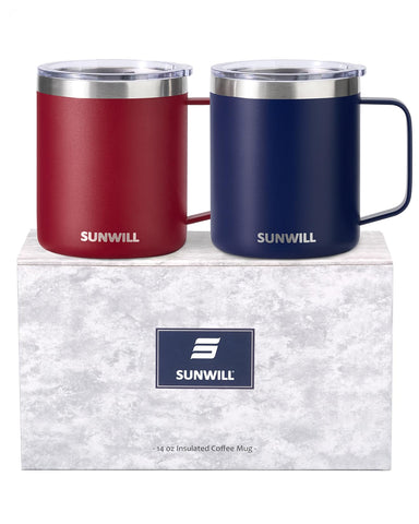 SUNWILL front view of navy blue and wine red tumblers showing set benefits