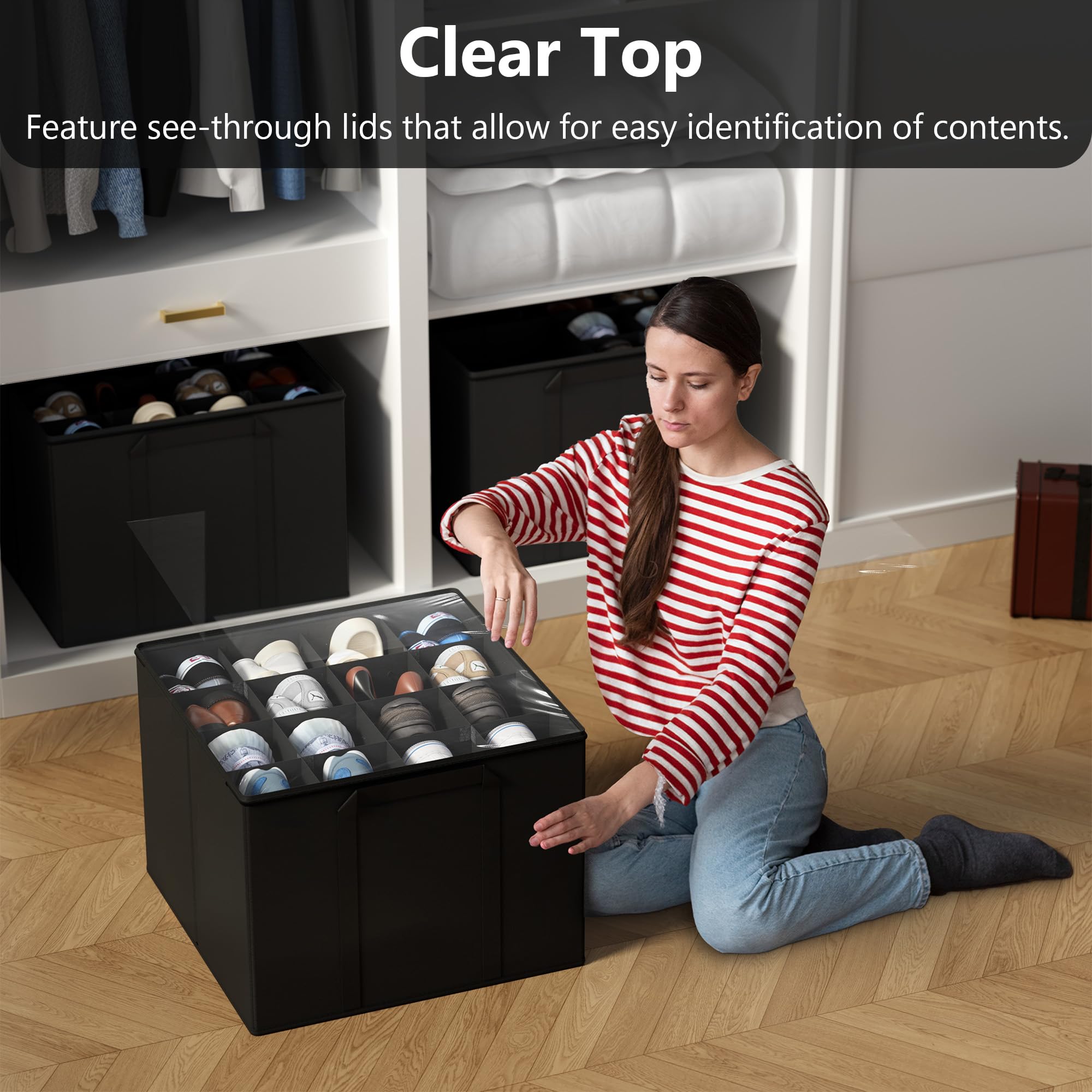 SUOCO inside view with adjustable dividers organizing mixed shoe styles