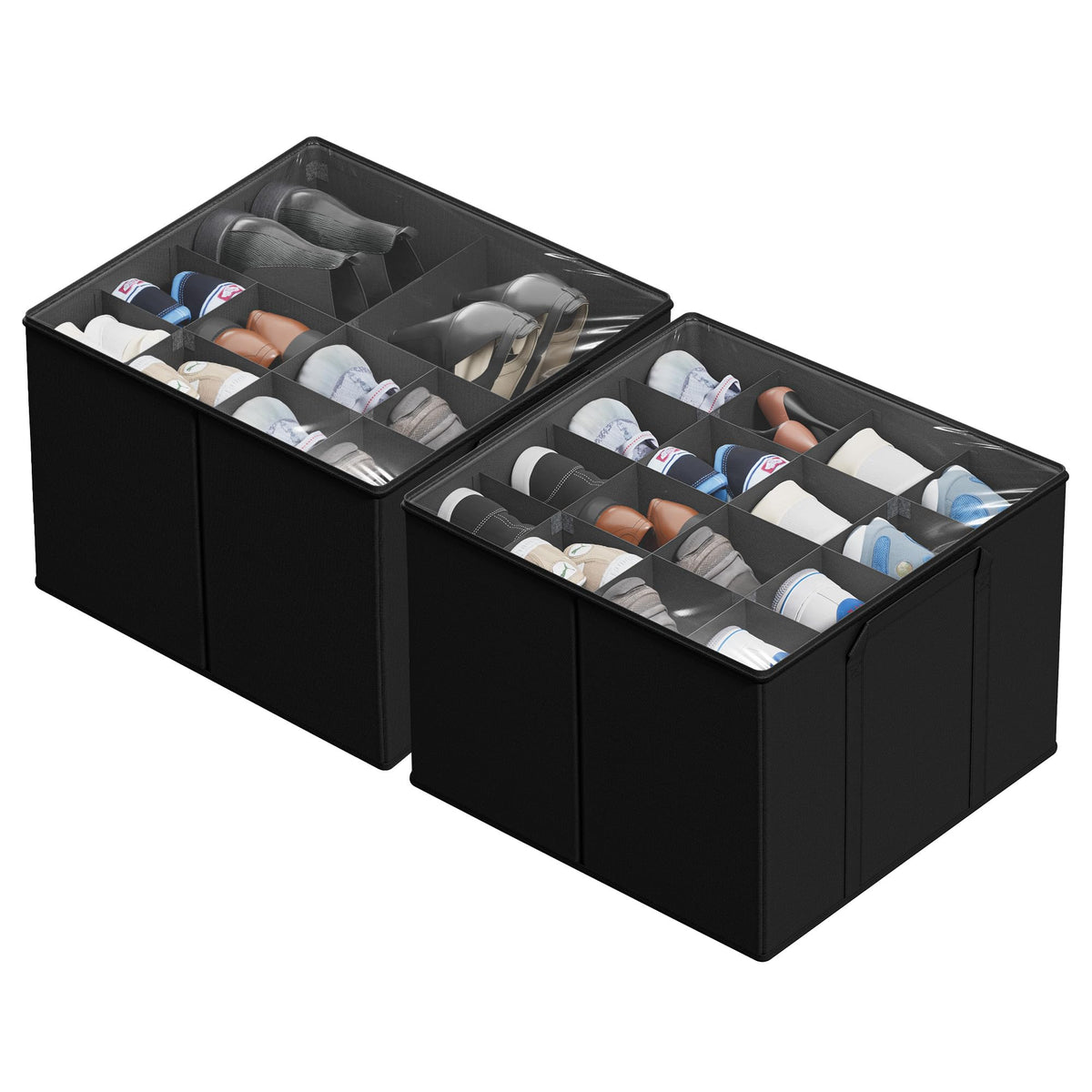 SUOCO two-pack front view showing tidy stacked shoe storage and space saving