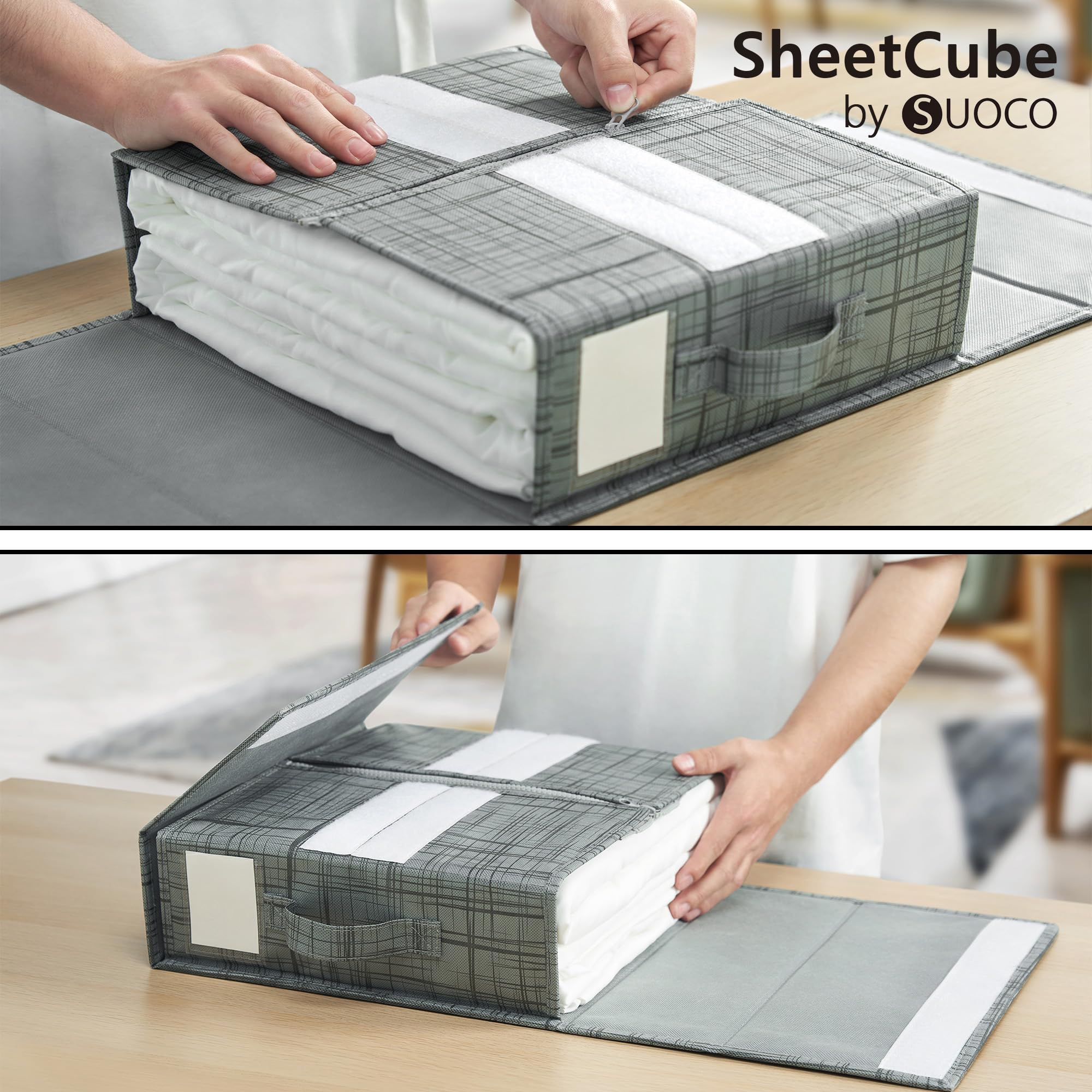 SUOCO four SheetCube boxes lined on a closet shelf demonstrating space-saving storage