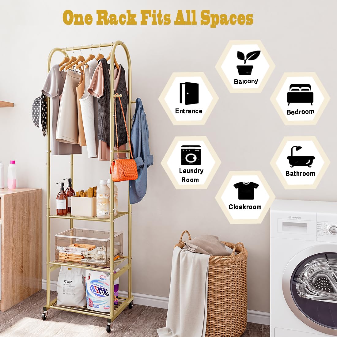 SUOERNUO clothes rack in bedroom lifestyle scene saving space and decluttering