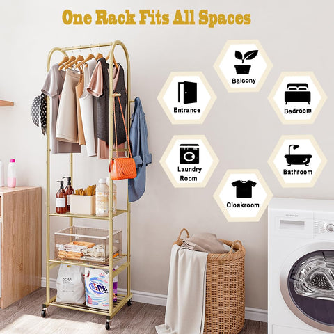 SUOERNUO clothes rack in bedroom lifestyle scene saving space and decluttering