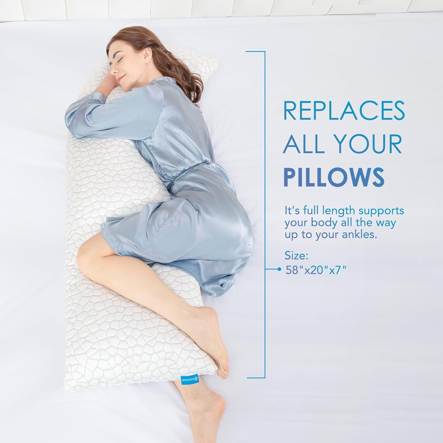 SUPA MODERN packaged pillow with size comparison showing scale and easy storage benefit