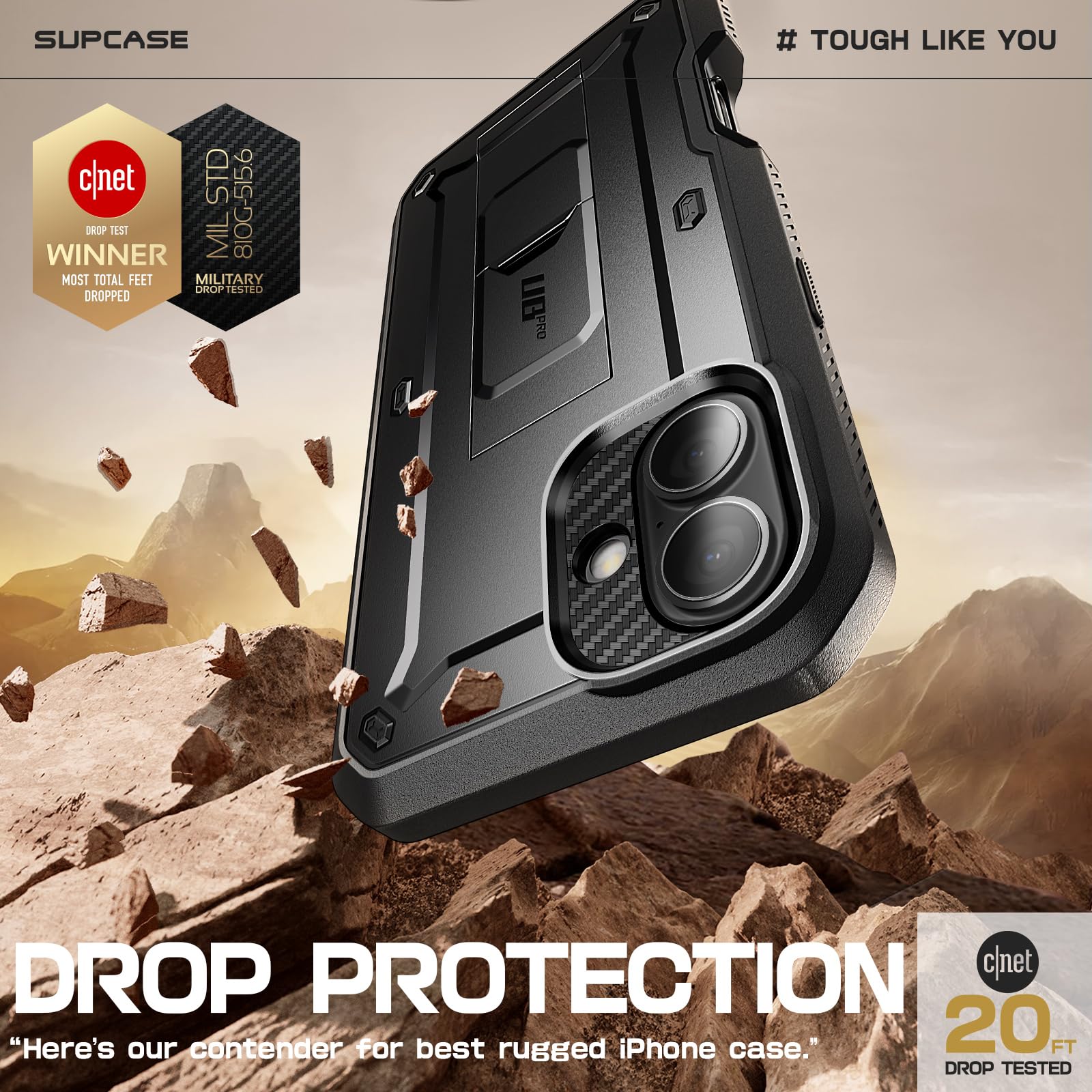 SUPCASE rotating belt-clip holster attached showing secure carry and quick access