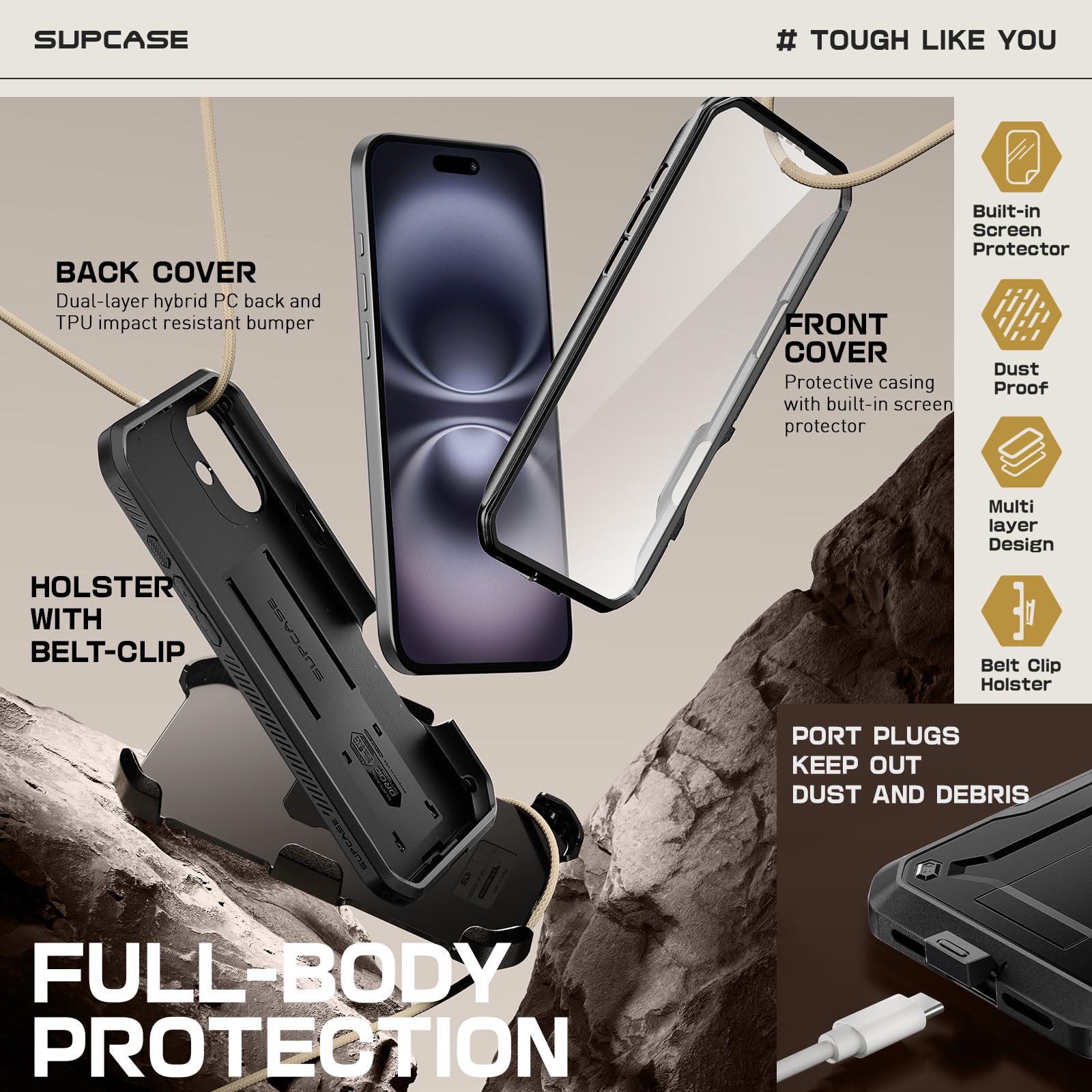 SUPCASE showing precise port and button cutouts for iPhone 16 Plus convenient access