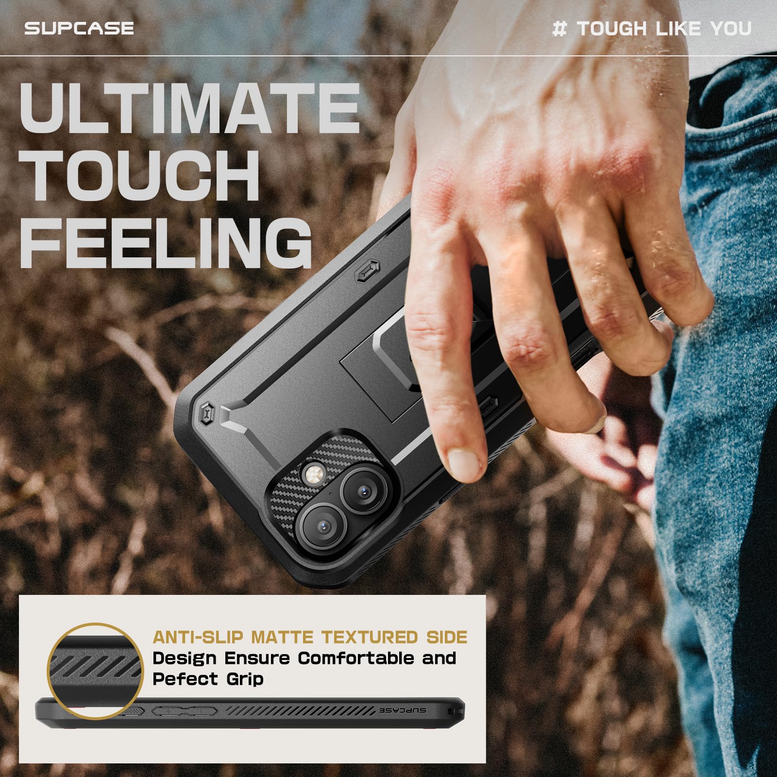 SUPCASE held in hand to show size scale and secure grip for on-the-go protection