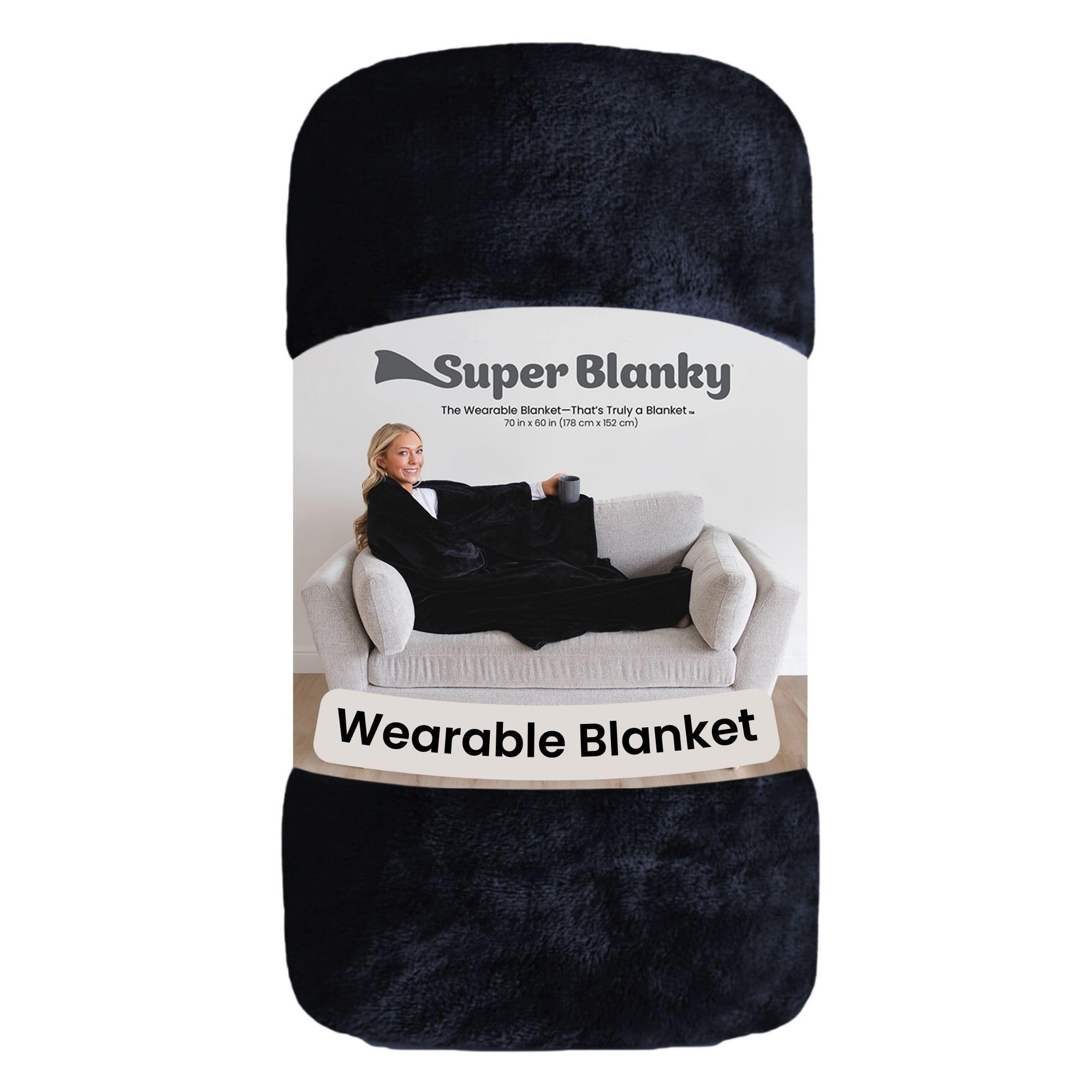 Super Blanky label tag close-up confirming brand and care guidance
