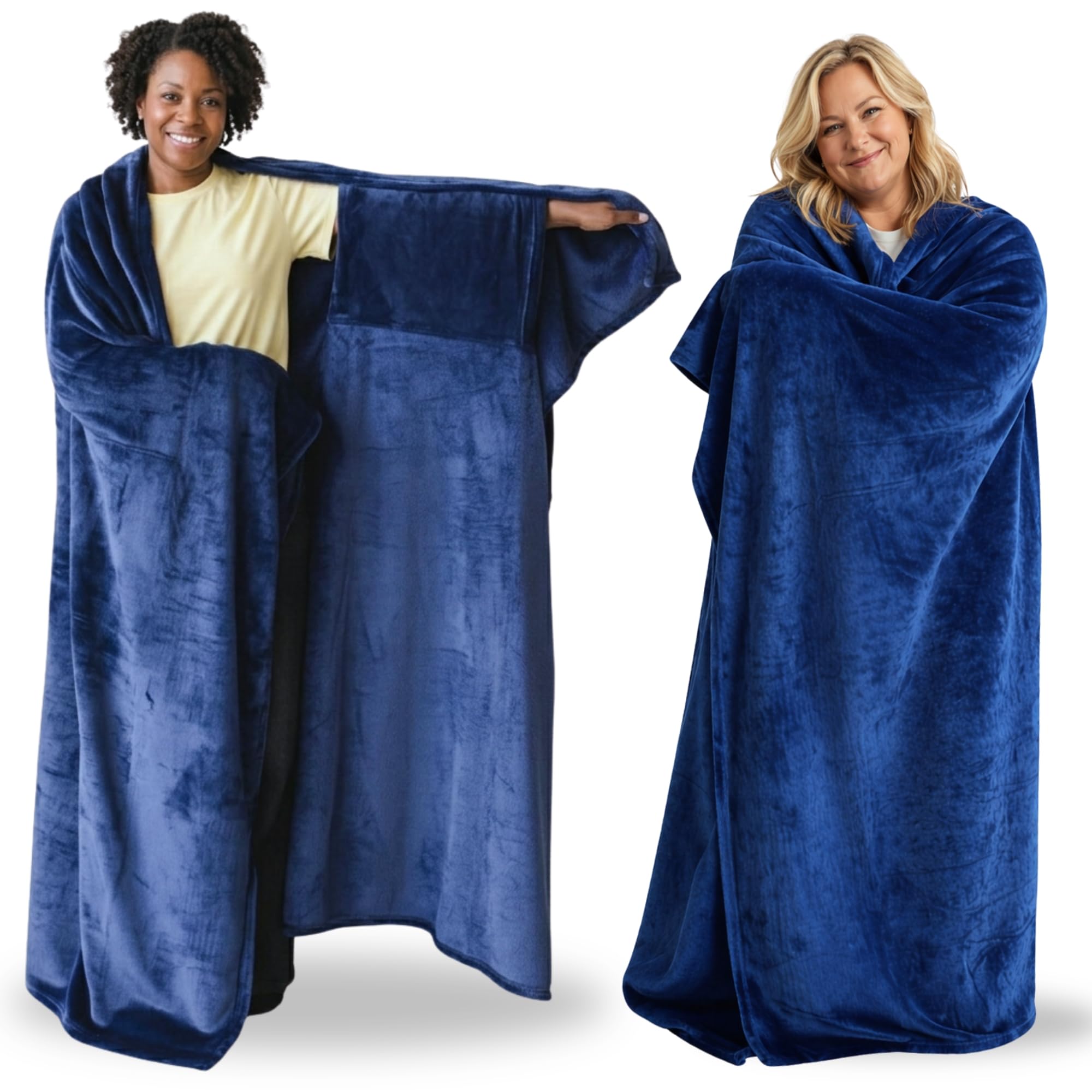 Super Blanky front view in aurora blue showing full coverage and sleeves for versatile warmth