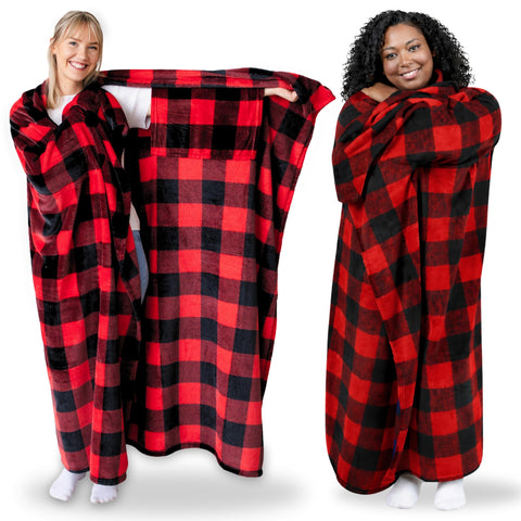 Super Blanky front view red checkered showing full coverage and cozy look