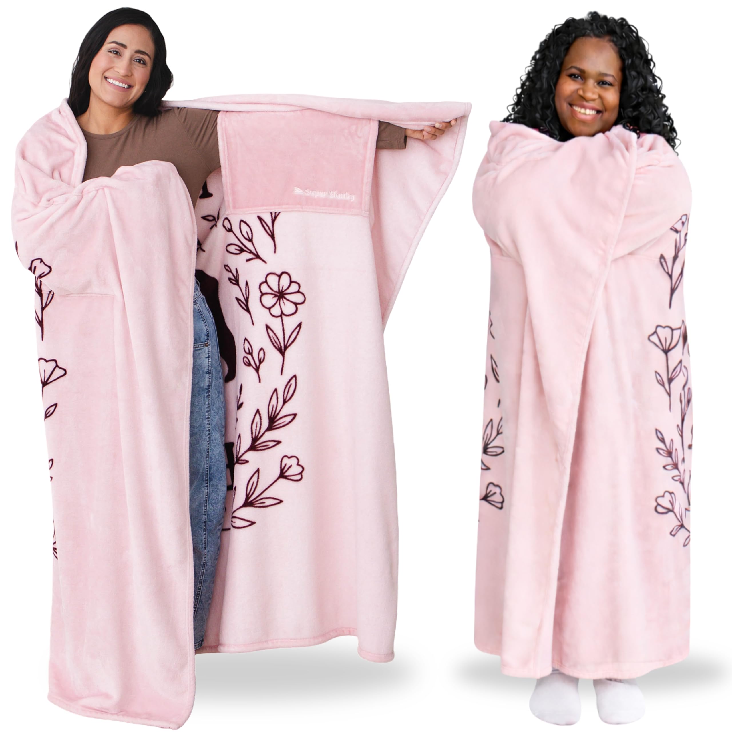 Super Blanky front view on woman sitting showing full coverage and comfort