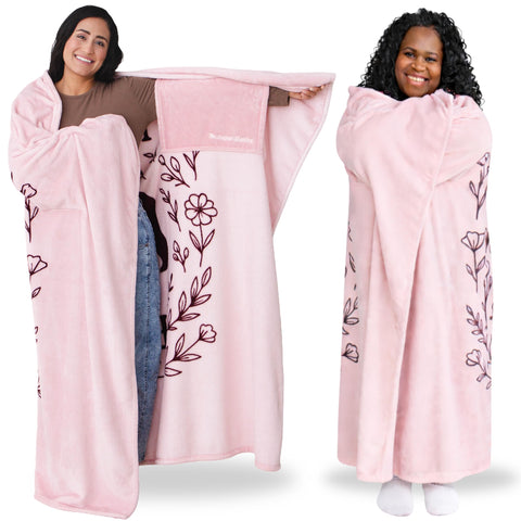 Super Blanky front view on woman sitting showing full coverage and comfort