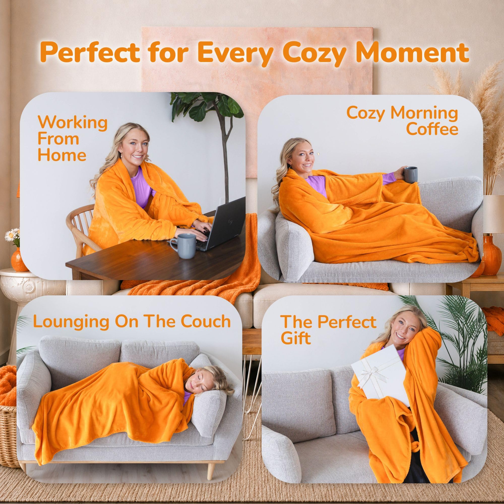 Woman wearing Super Blanky on couch enjoying hands-free comfort