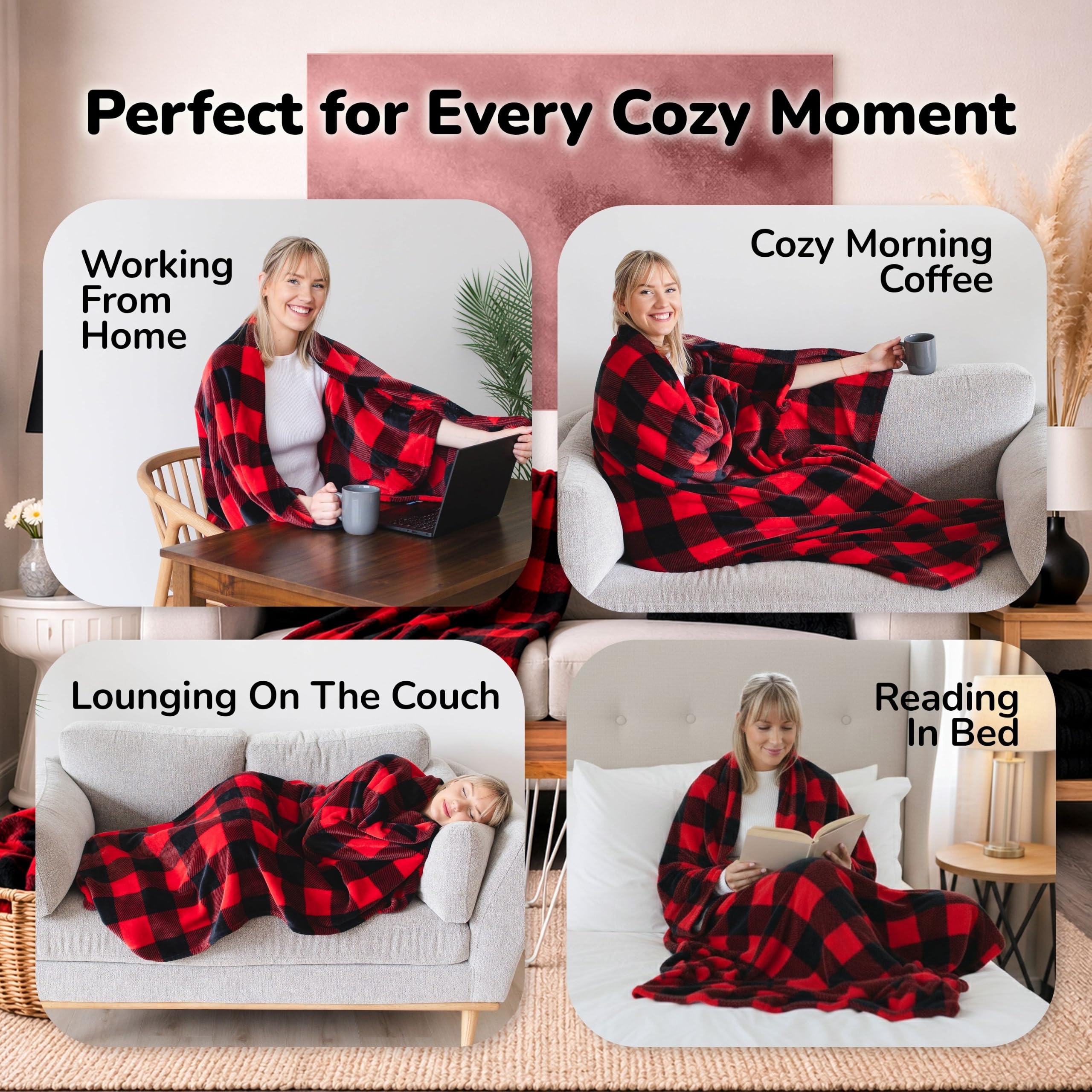 Super Blanky worn on a couch by a woman demonstrating movement and warmth