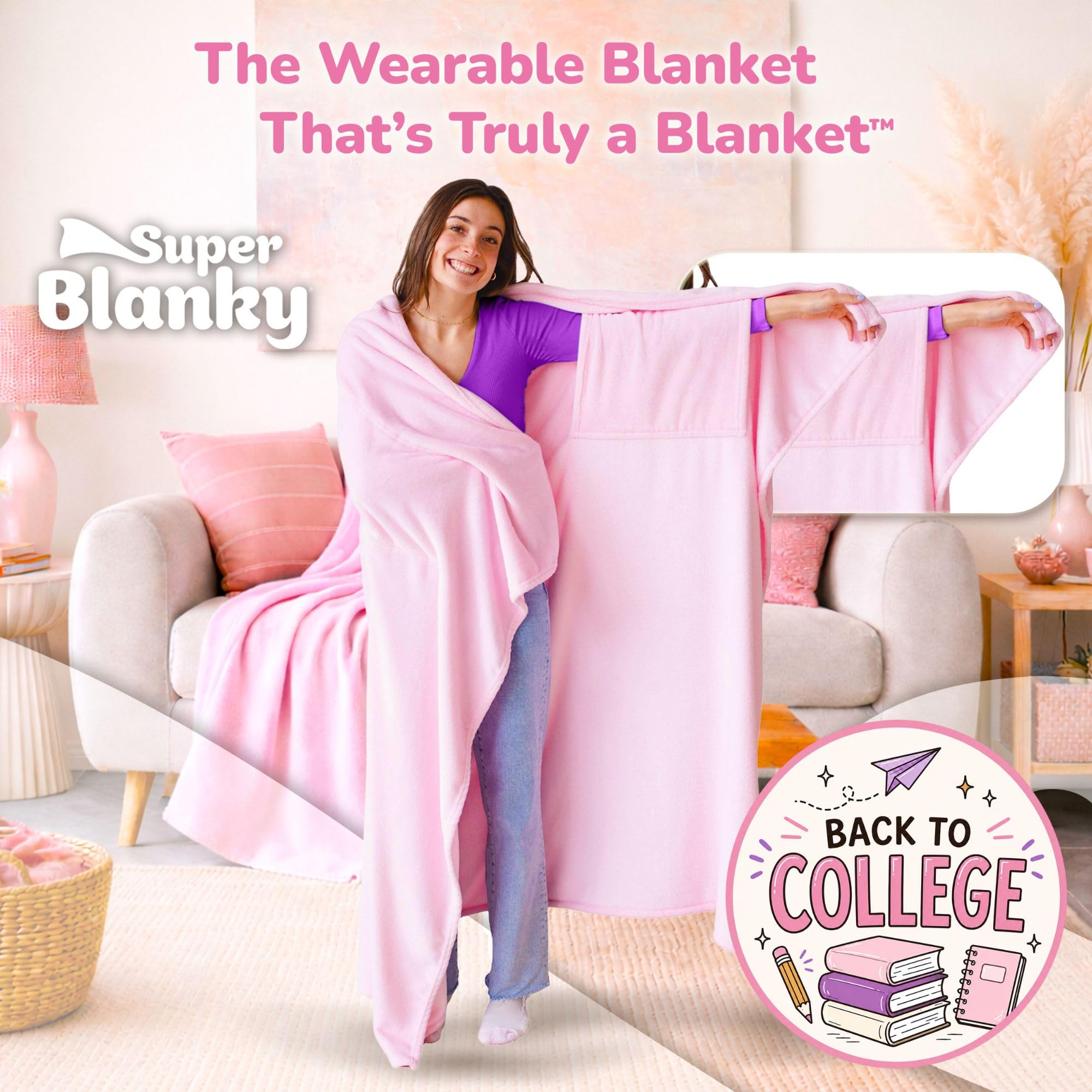 Super Blanky worn on couch demonstrating arm mobility and practical warmth while relaxing