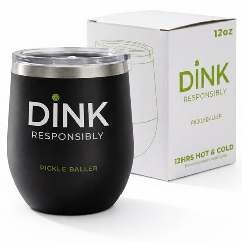 Super Fly Goods front view of tumbler showing Dink Responsibly logo and benefits