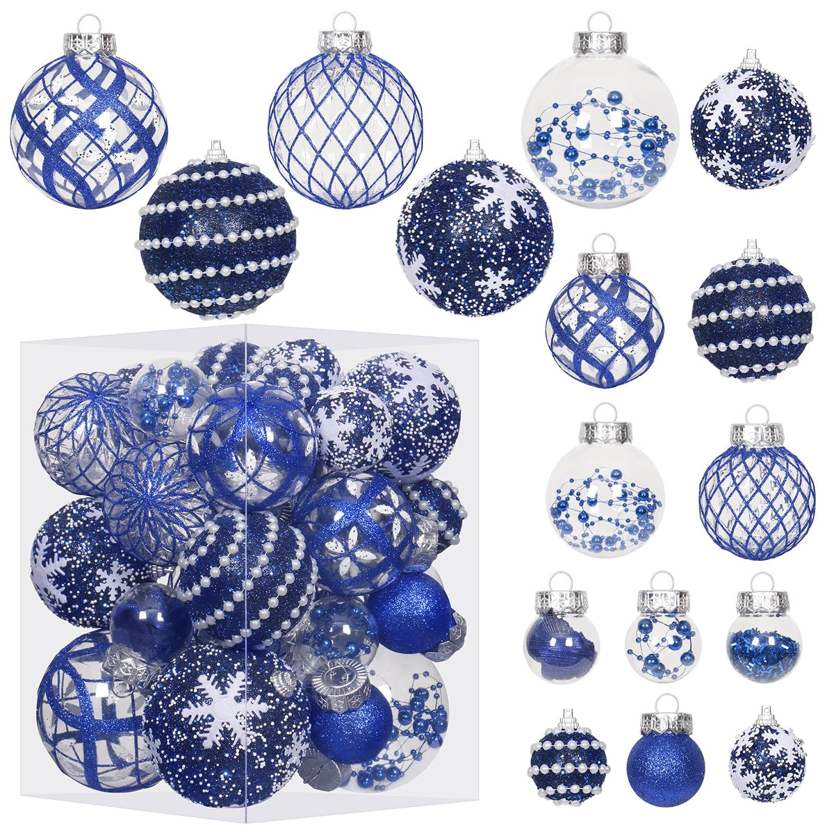 Super Holiday front packaging showing 33 blue ornaments and box contents for quick setup