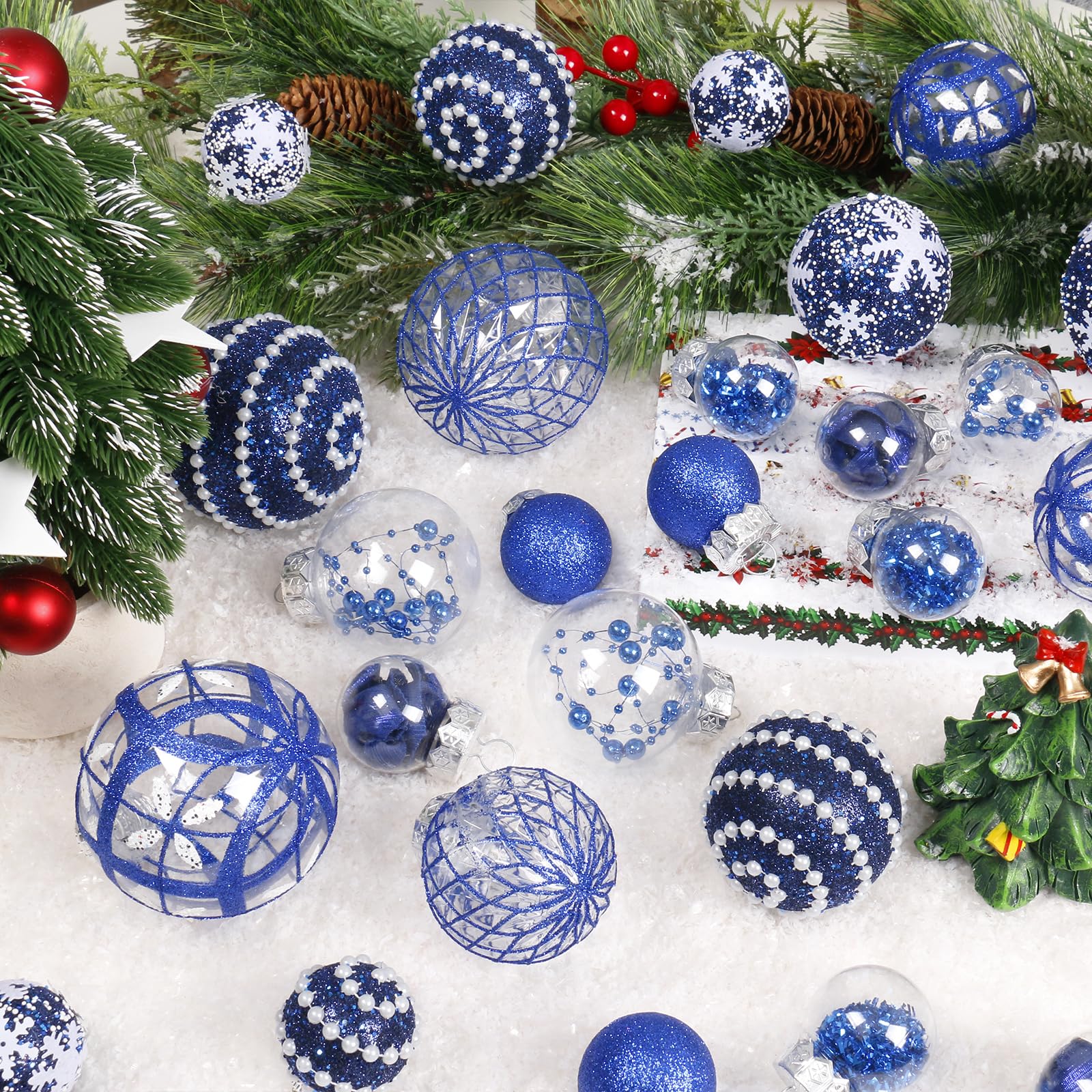 Super Holiday ornaments hanging on tree showing reflective blue accents and light play