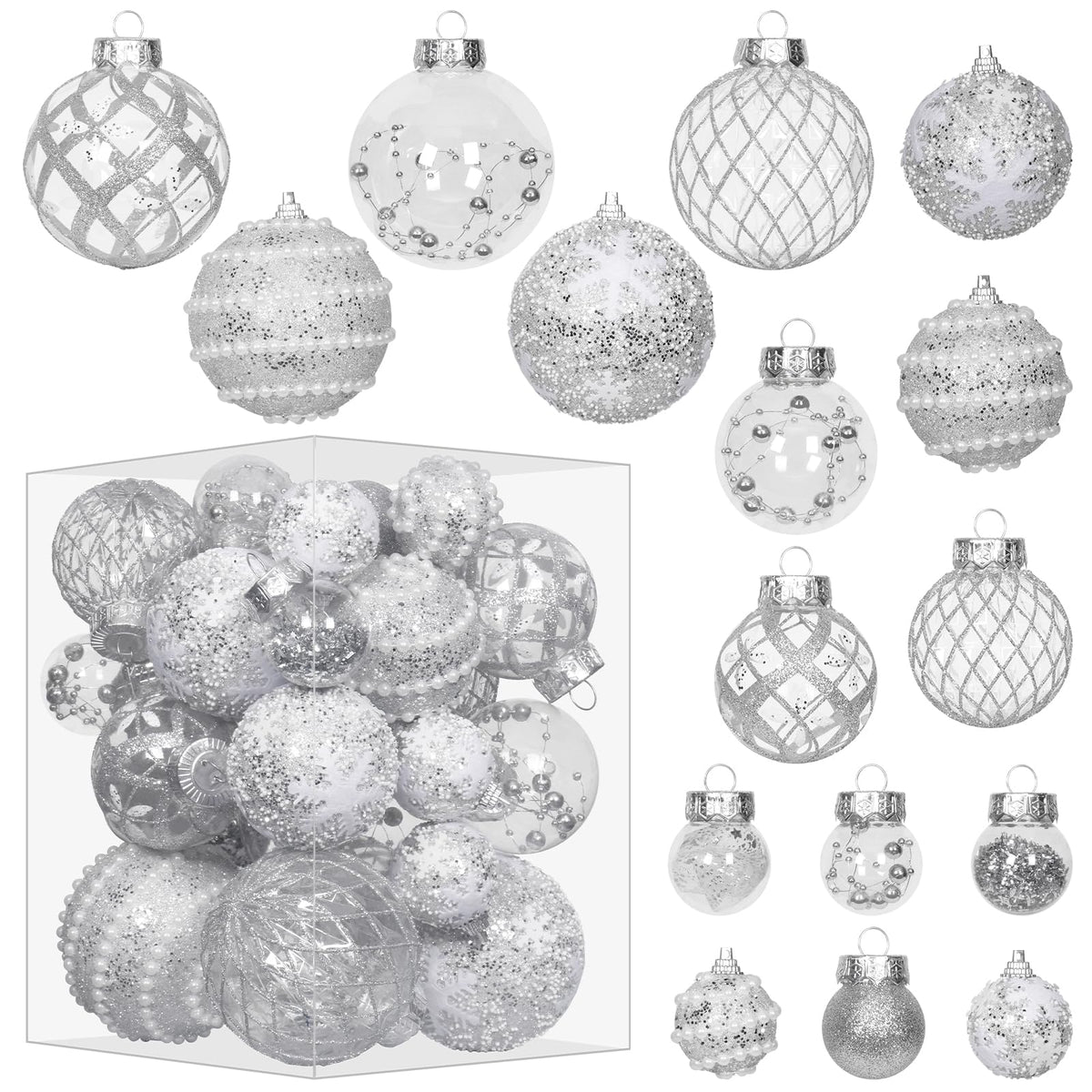 Super Holiday front packaging showing 33-piece silver ornament set and quick benefits