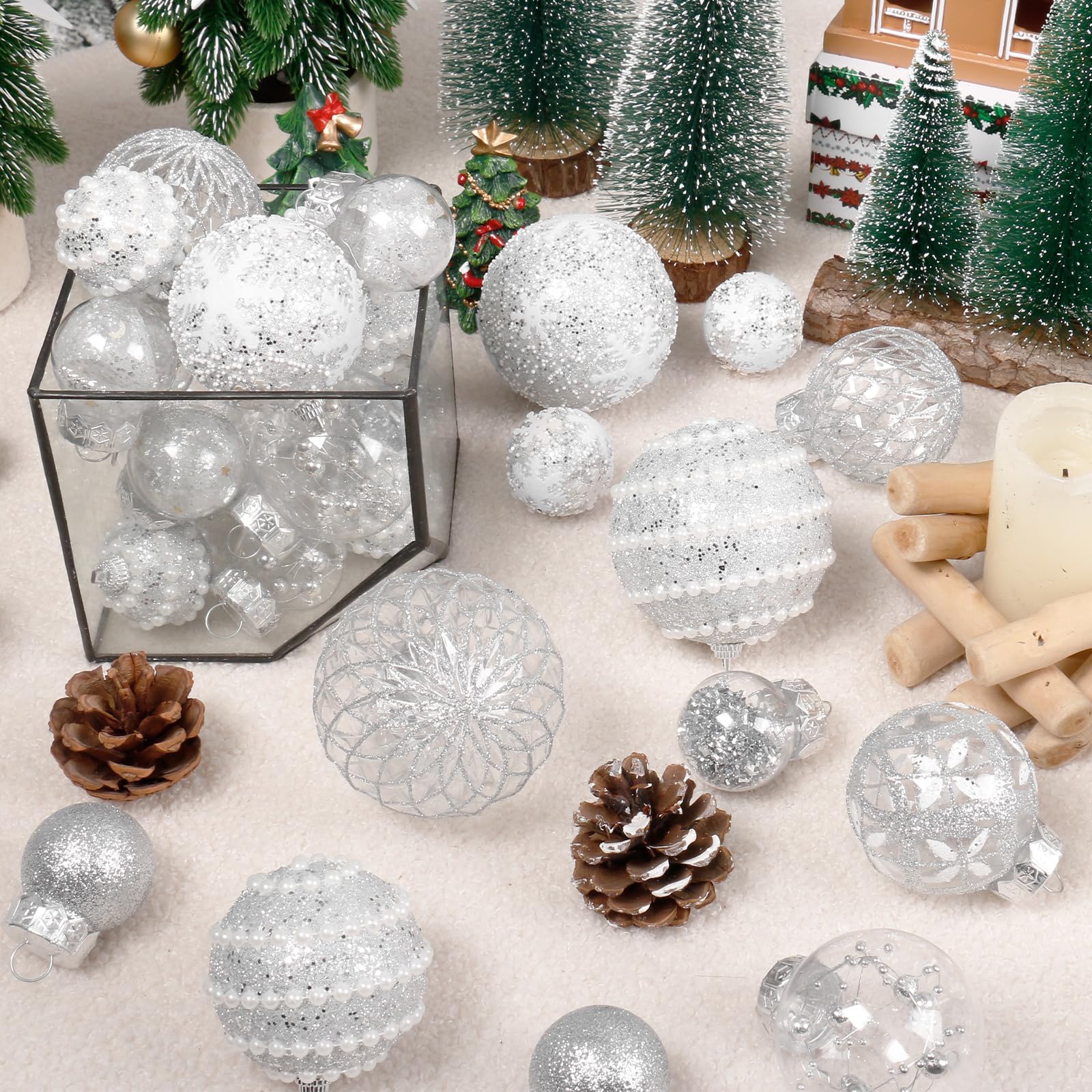 Super Holiday mantel display with silver ornaments enhancing holiday ambiance