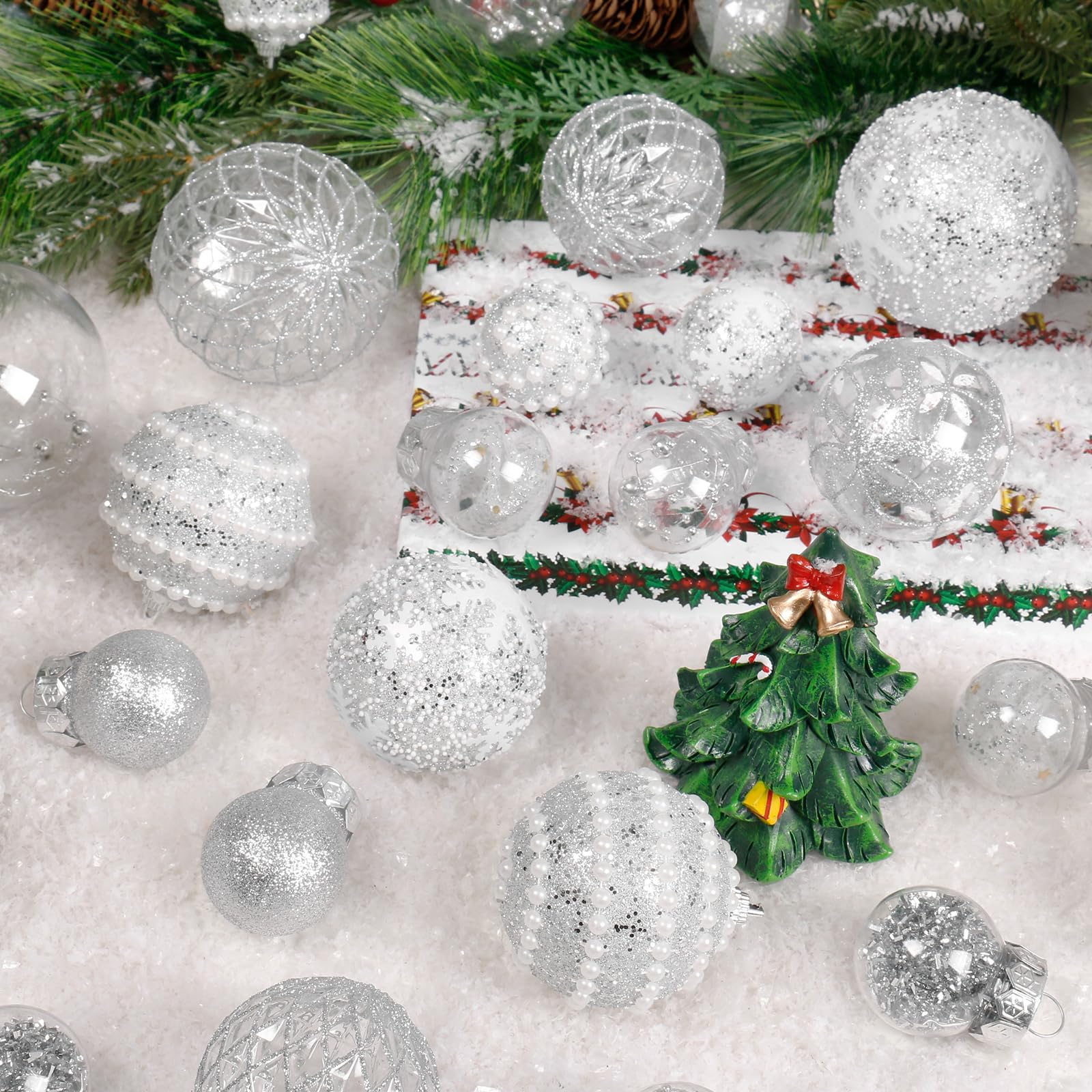 Super Holiday ornaments on a Christmas tree adding cohesive silver sparkle to branches