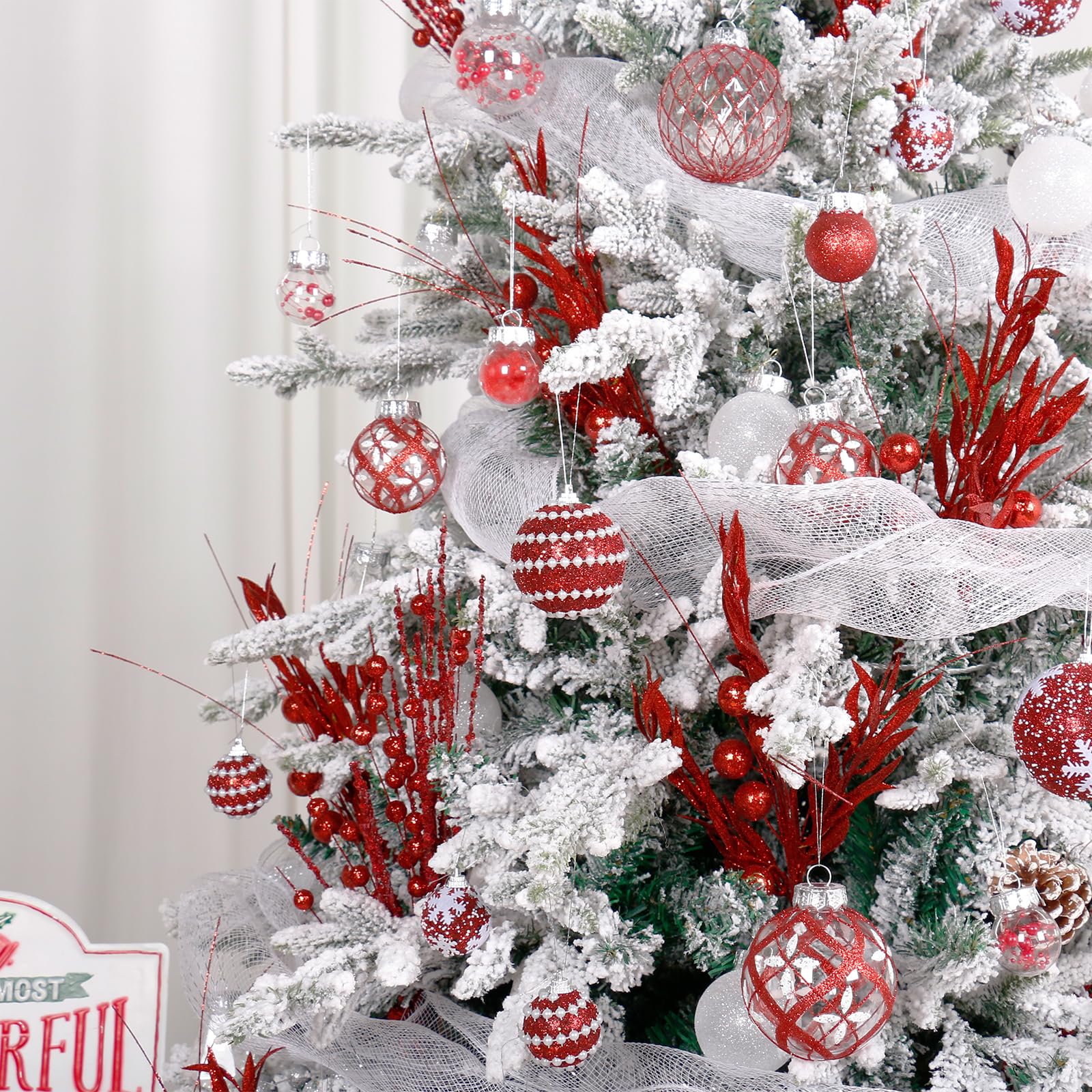 Super Holiday ornaments on a Christmas tree adding bright, consistent red color