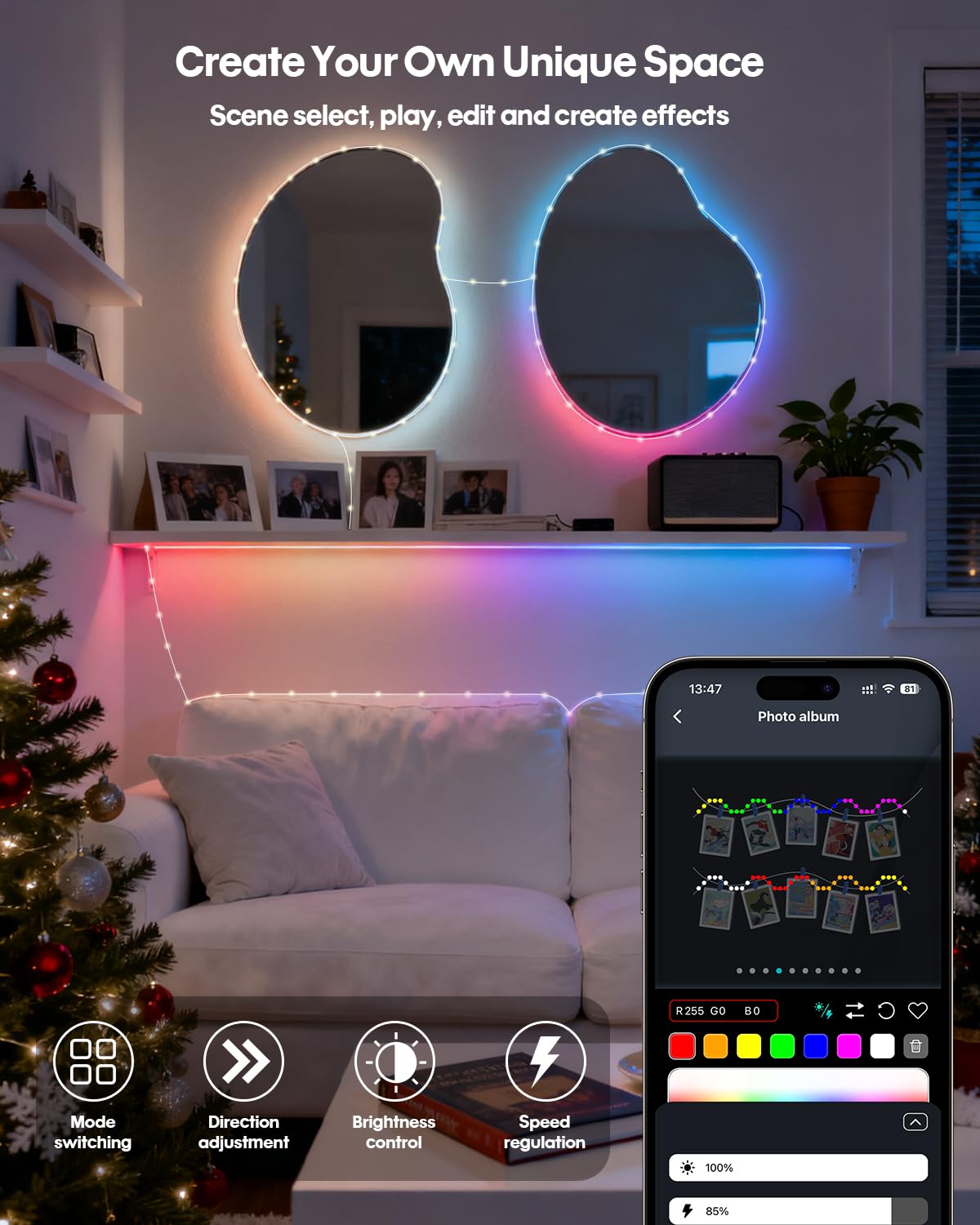 Super RGB lights styled on bedroom headboard delivering cozy customizable glow