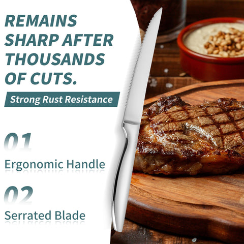 SuperCook serrated blade close-up showing clean-cutting teeth, effortless slicing benefit