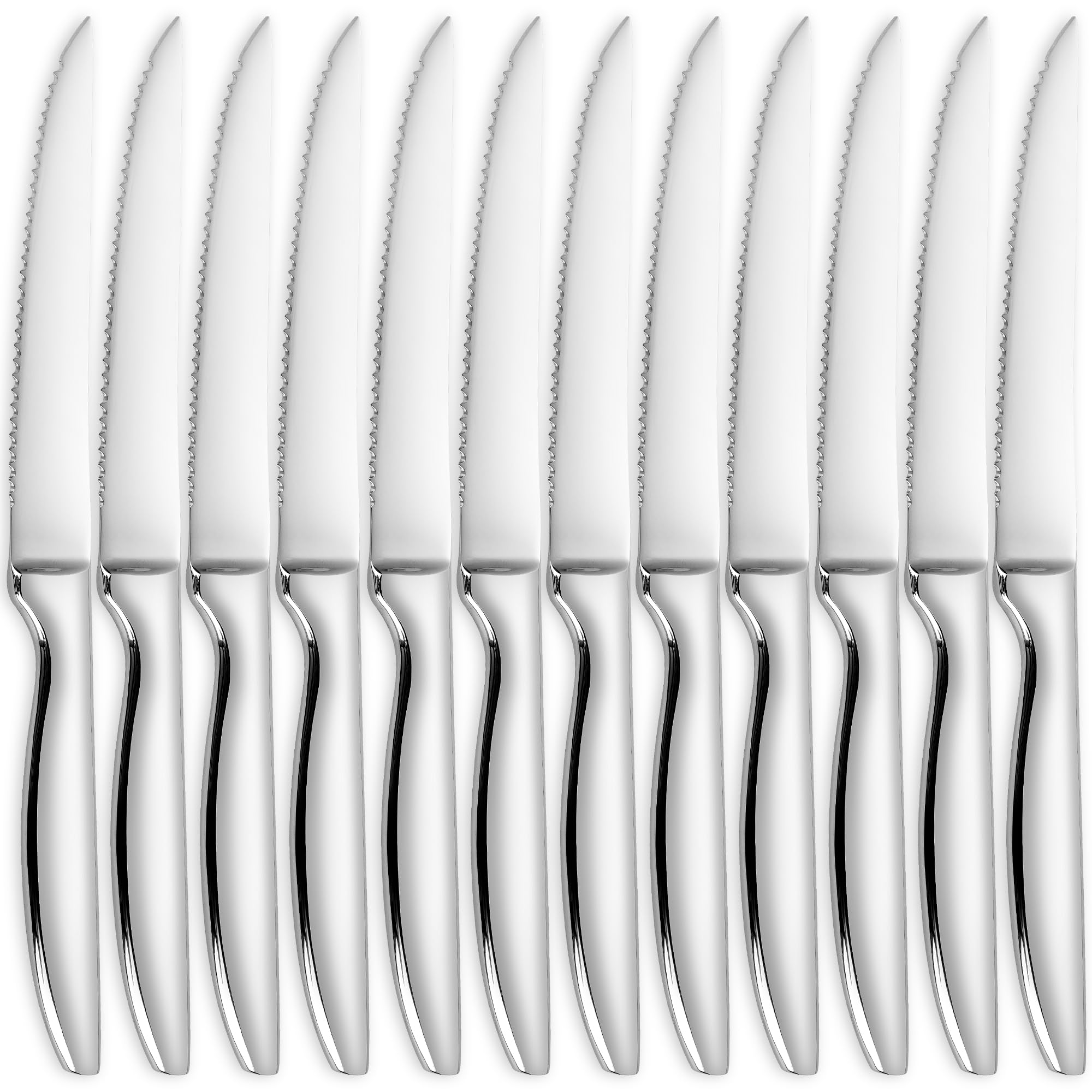 SuperCook front view of 12-piece steak knife set, durable stainless steel benefit