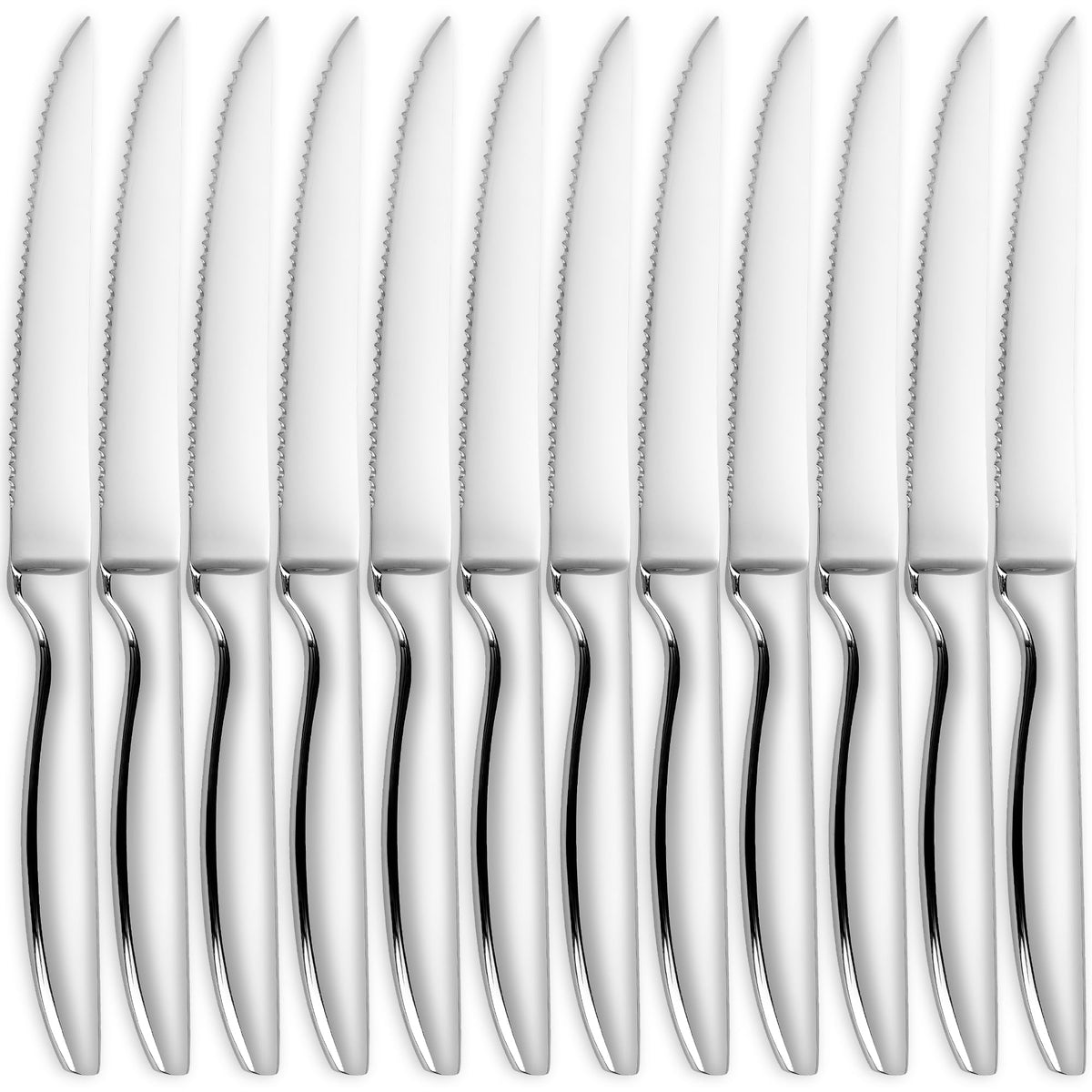 SuperCook front view of 12-piece steak knife set, durable stainless steel benefit
