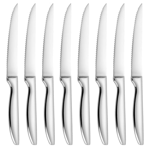 SuperCook front view of eight stainless steel steak knives showing sleek set benefit