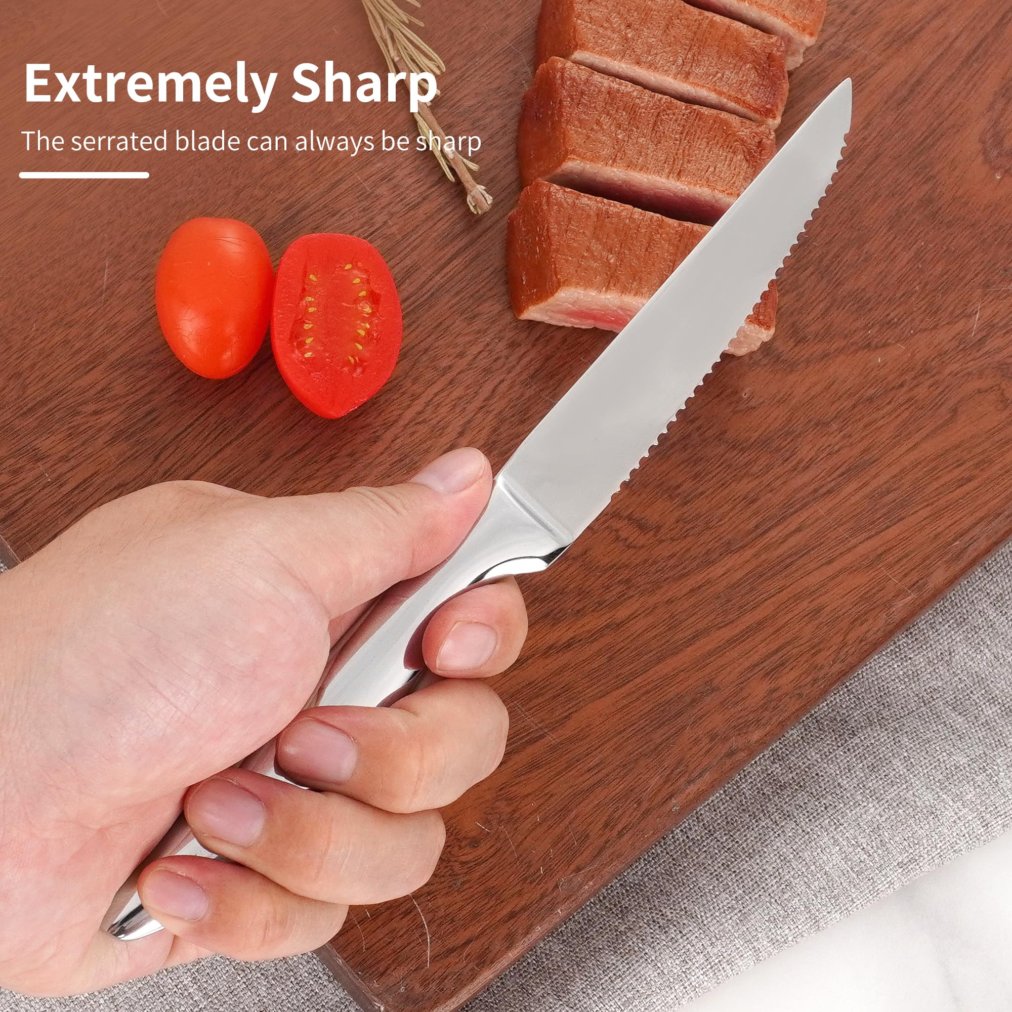 SuperCook knife next to fork for scale, shows full-size balance benefit