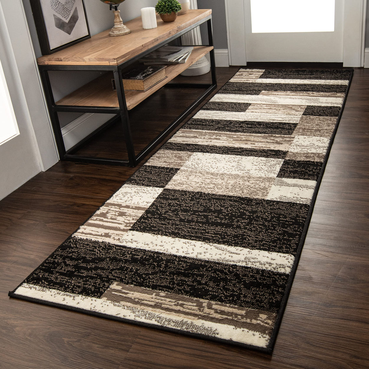 SUPERIOR Rockwood runner front view showing chocolate geometric design and contemporary look