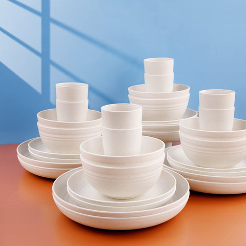 supernal place setting on table showing neutral beige style and modern look