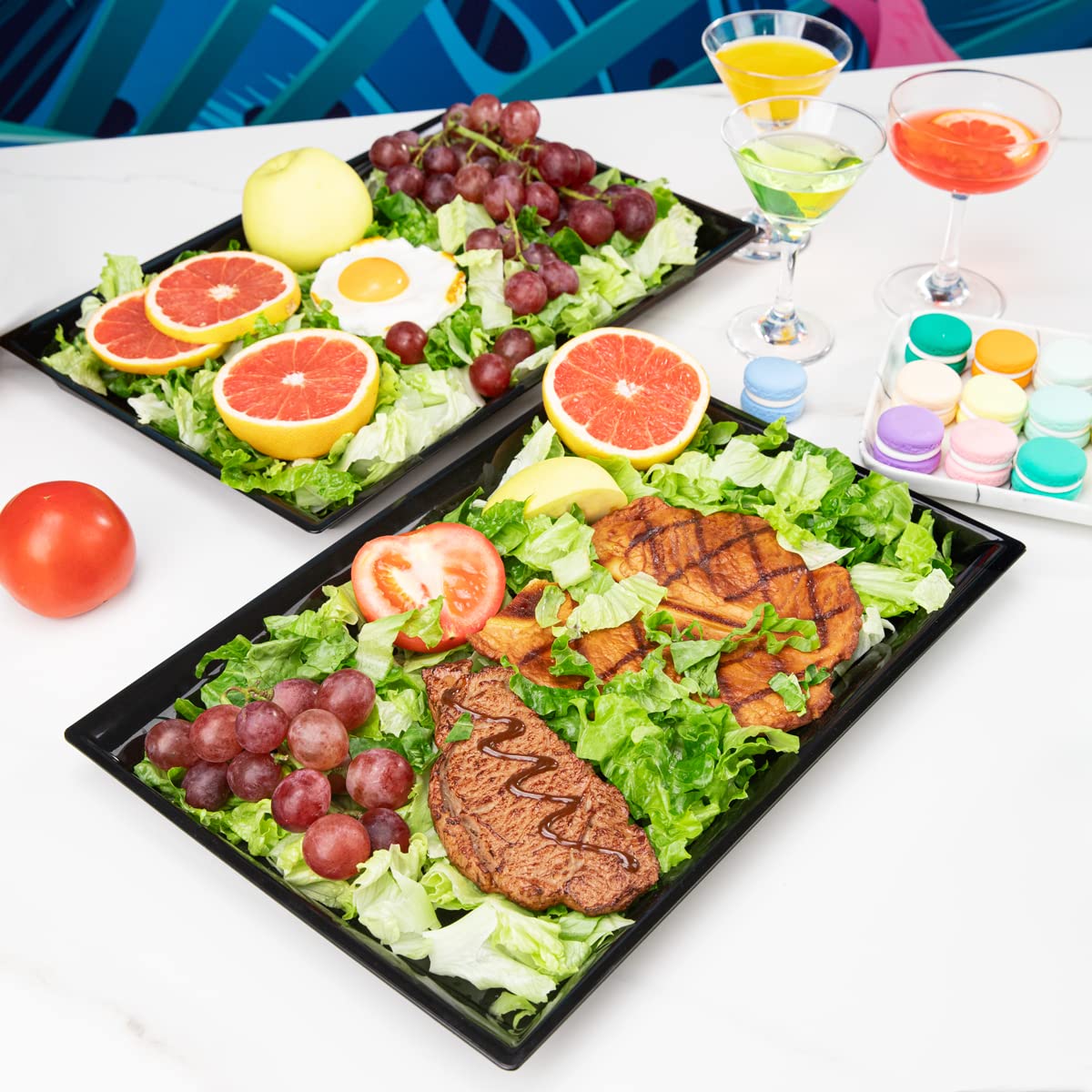 supernal platter next to standard dinner plate showing 15x10 inch size and scale