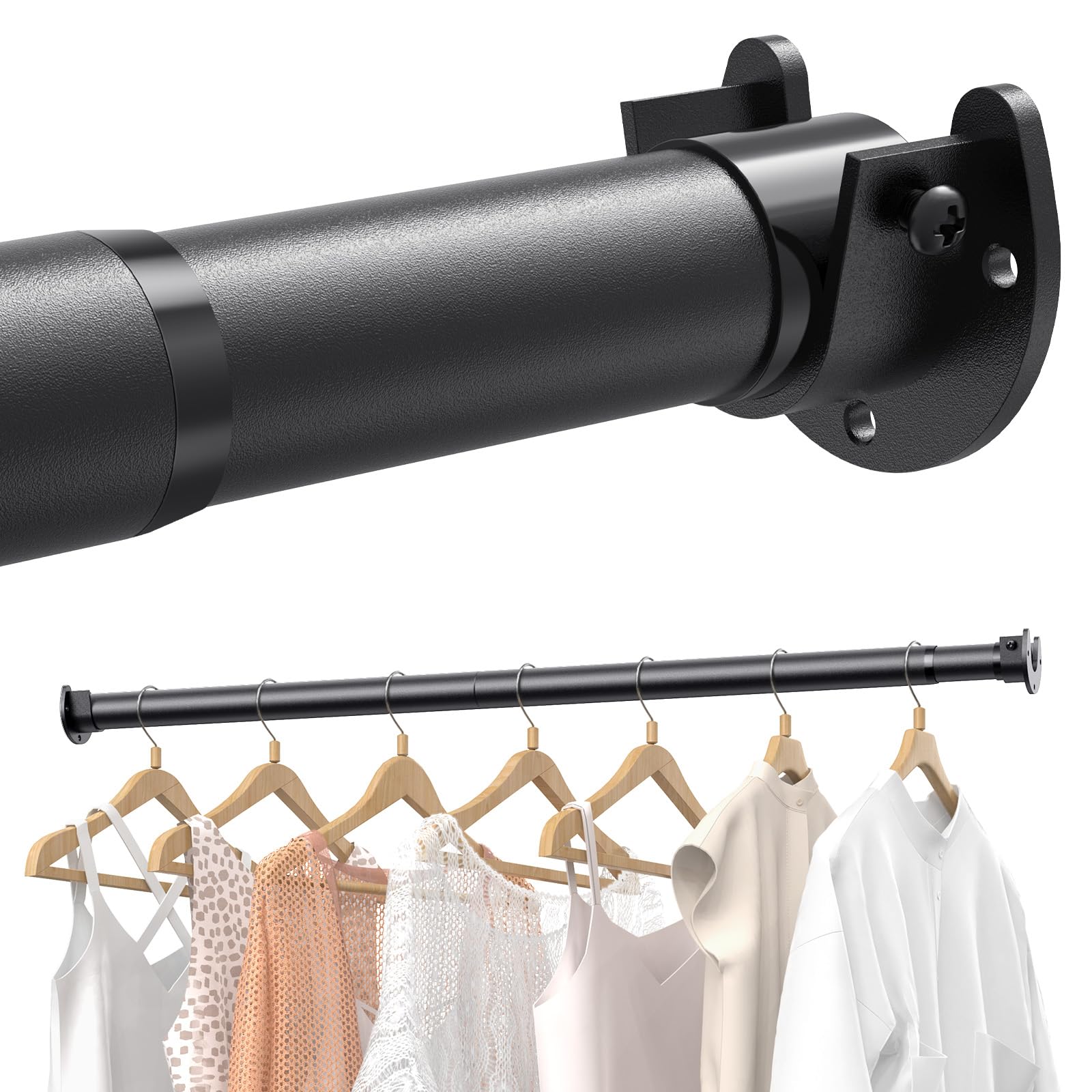 Supforce front view of packaged adjustable closet rod showing contents and model