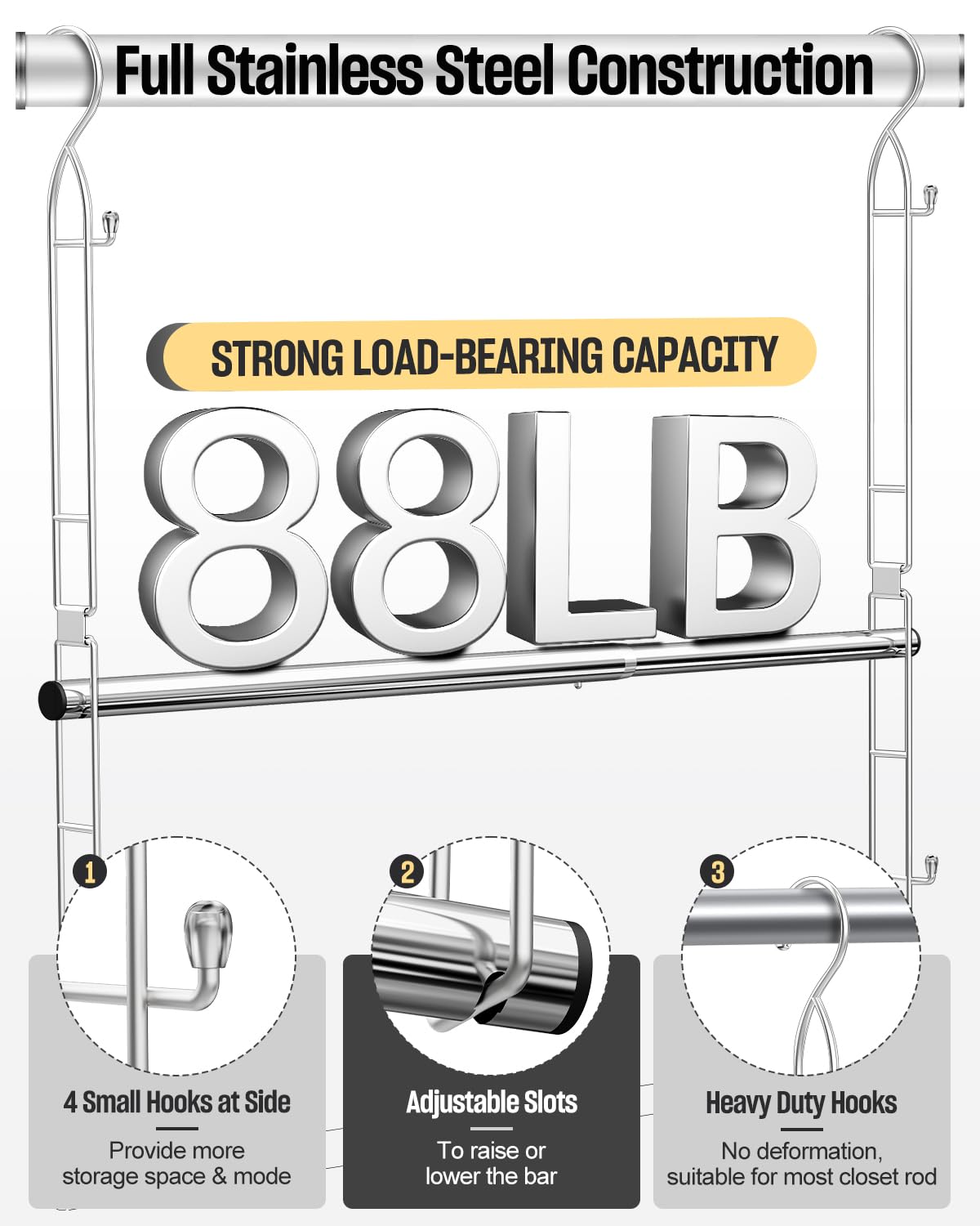 Supforce installed under main closet rod, doubles hanging capacity instantly