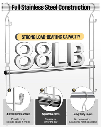 Supforce installed under main closet rod, doubles hanging capacity instantly