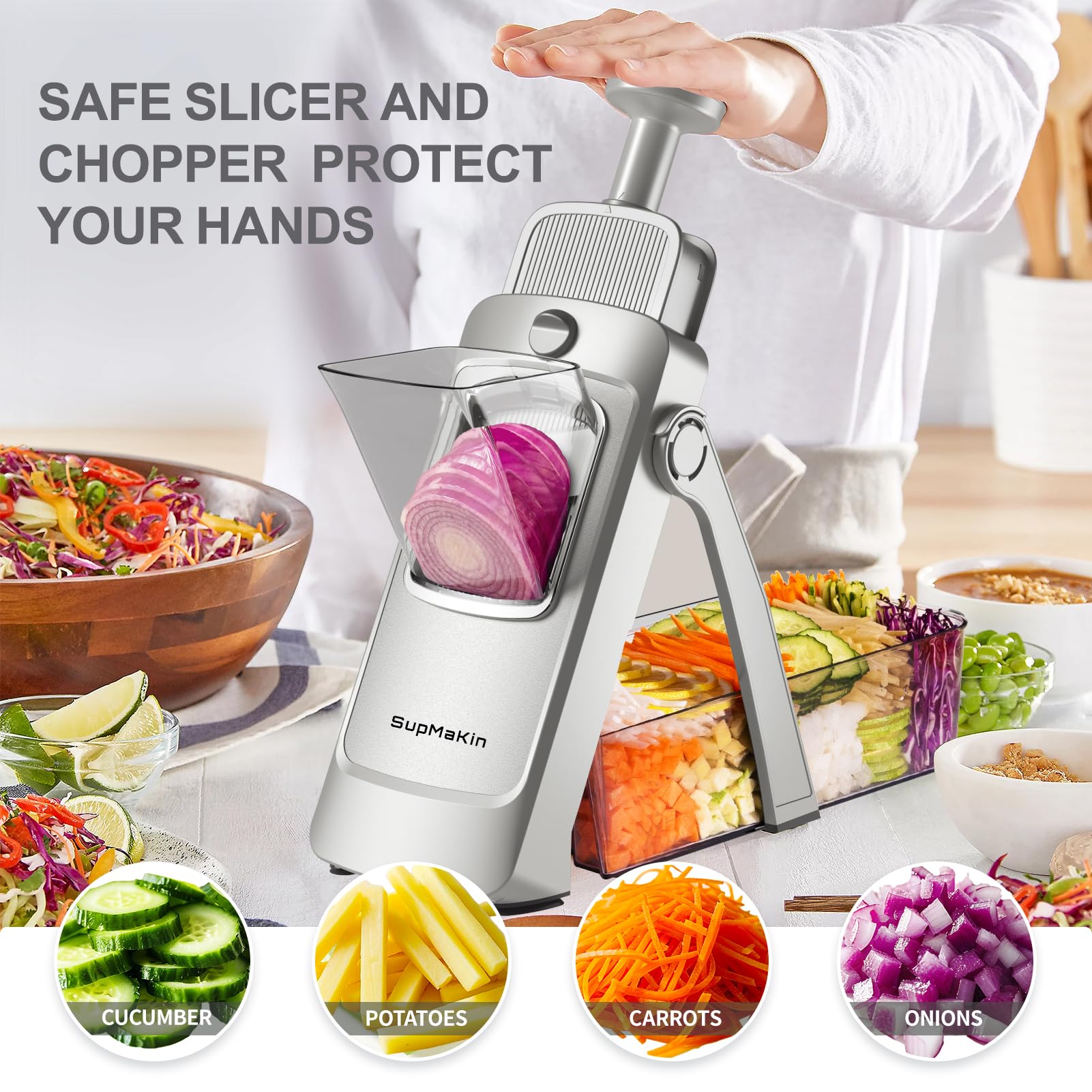 SUPMAKIN covered food container holding sliced vegetables for refrigeration