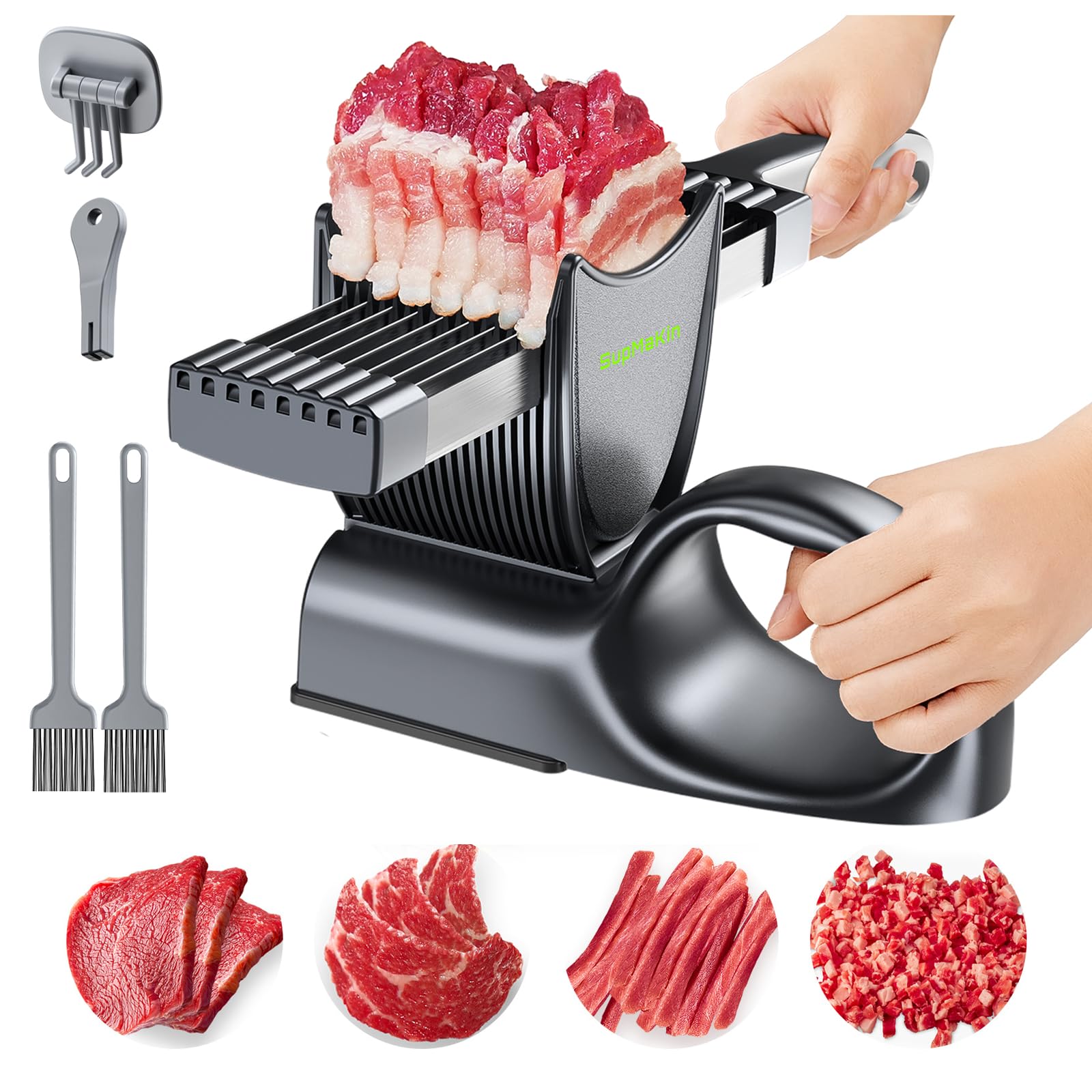 SupMaKin front view and packaging showing complete slicer kit and benefits