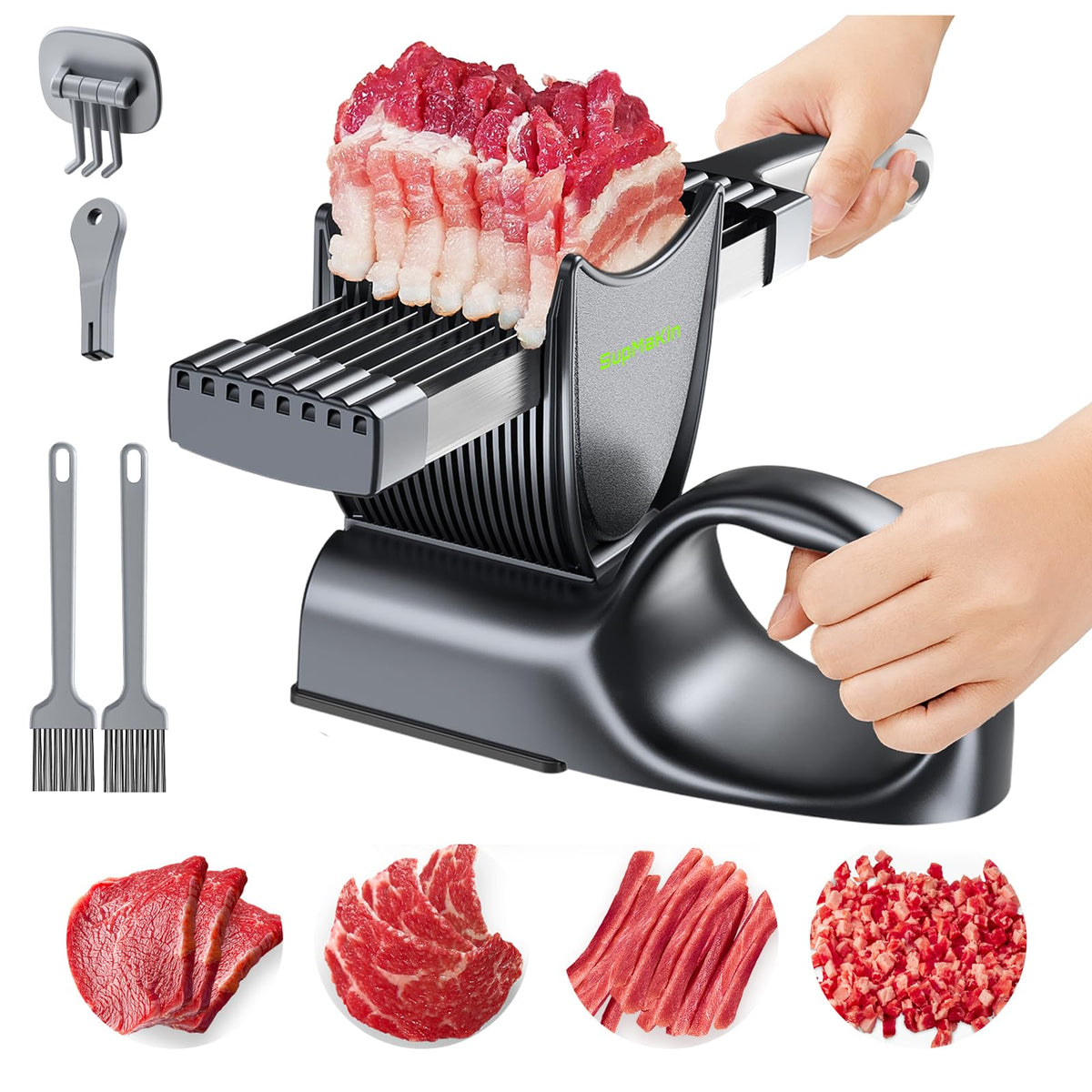 SupMaKin front view and packaging showing complete slicer kit and benefits